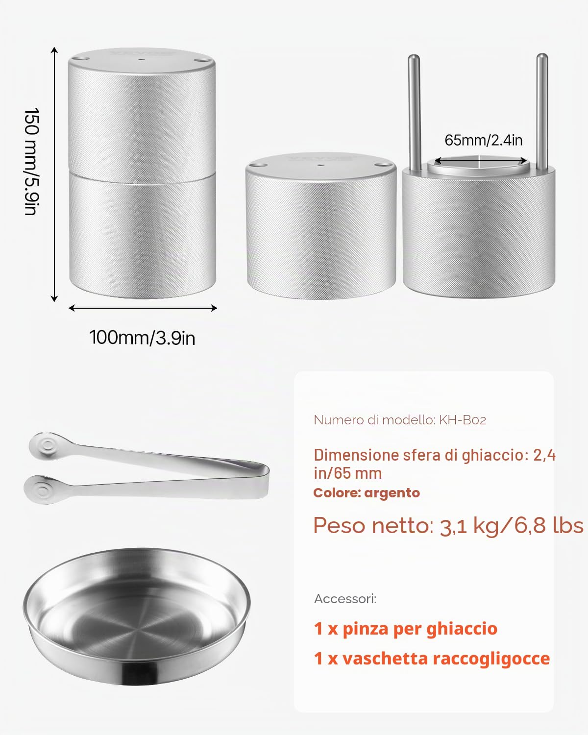 VEVOR Pressa per Cubetti di Ghiaccio 65mm, Stampo per Cubetti di Ghiaccio Rotondi in Alluminio Aeronautico, Pressa per Cubetti di Ghiaccio con Vassoio Antigoccia Pinze Bevande Cocktail Whisky Bar
