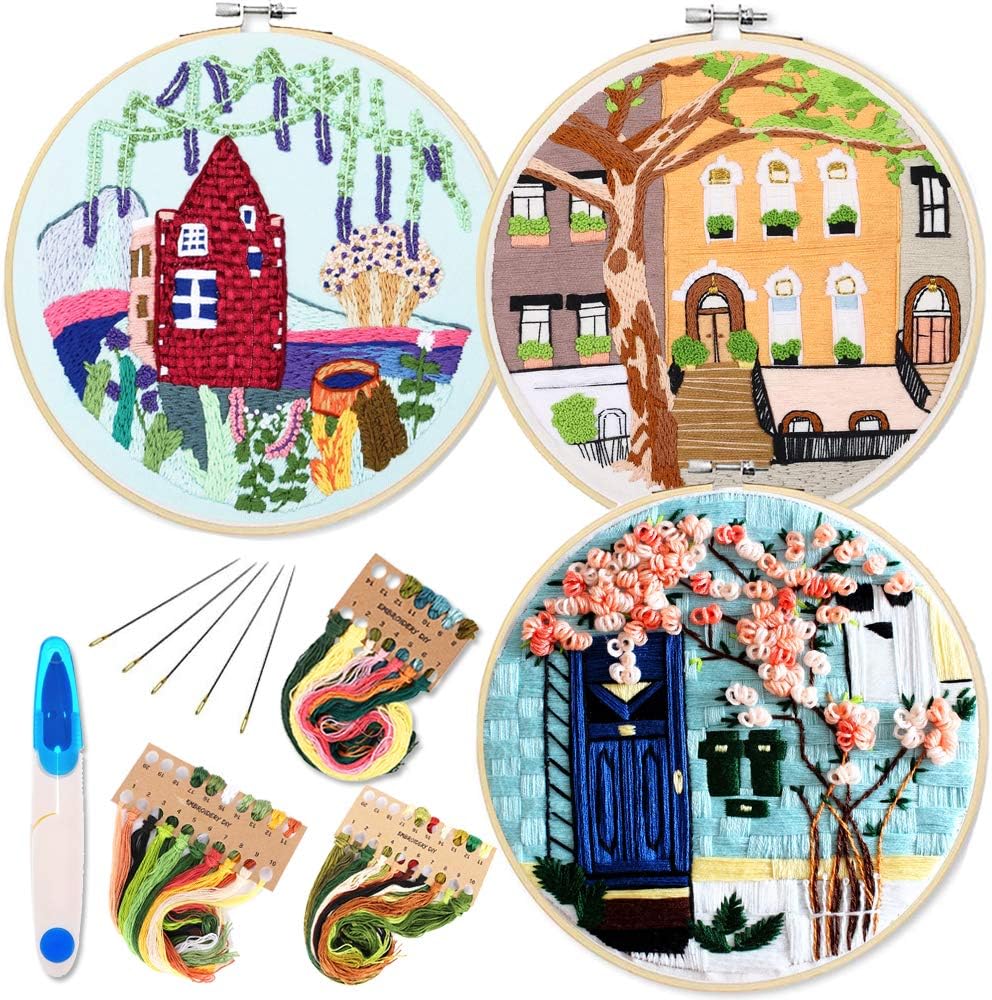 Embroidery Starter Kit with Pattern and Instructions, 3 Sets Cross Stitch Kit Include Embroidery Clothes with Plants Flowers Pattern, 1 Embroidery Hoops, Color Threads and Tools (Buildings)