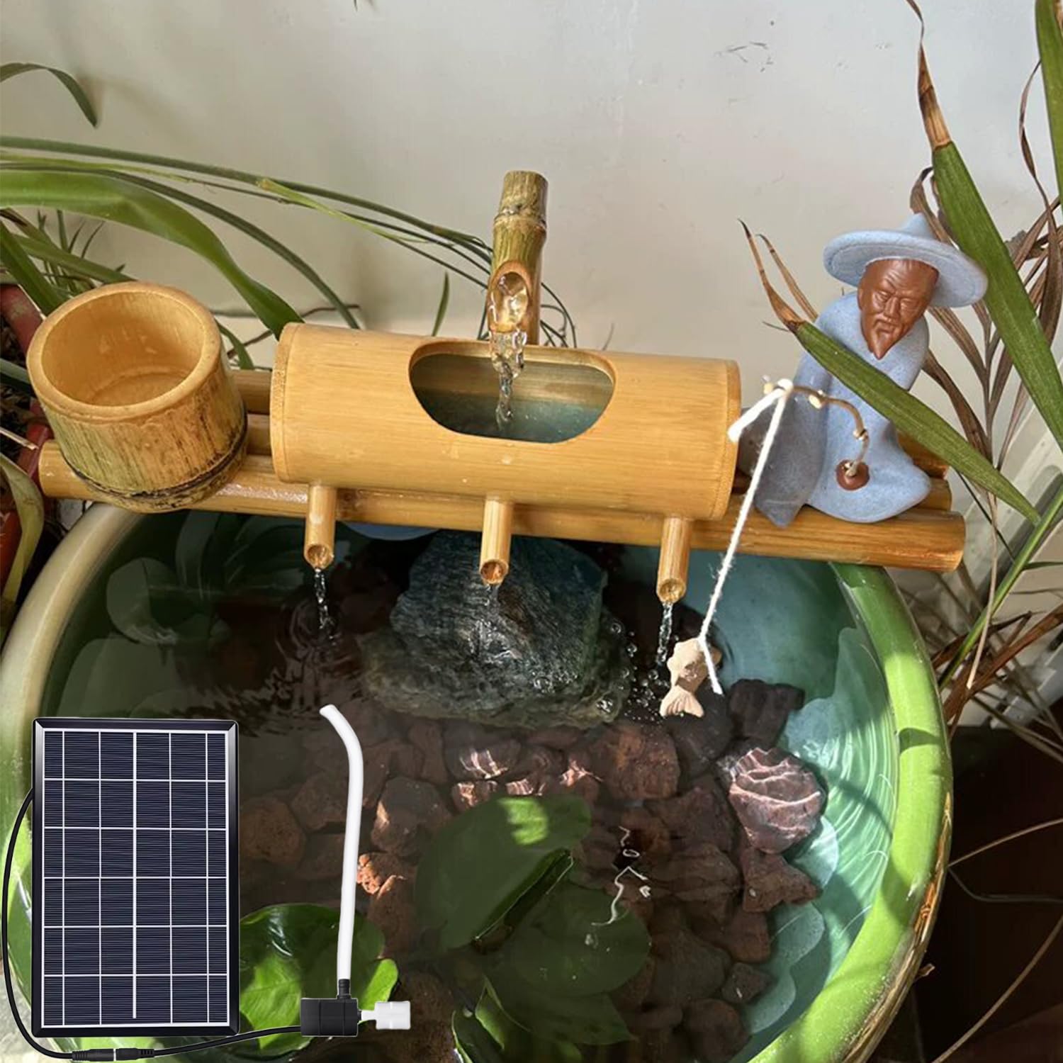 Decorazione da Giardino per Esterni, Fontana Solare in bambù, Grande Fontana in bambù da 20 Pollici con 4 uscite d'Acqua, Decorazione da Giardino Zen con Pompa dell'Acqua, decorazi