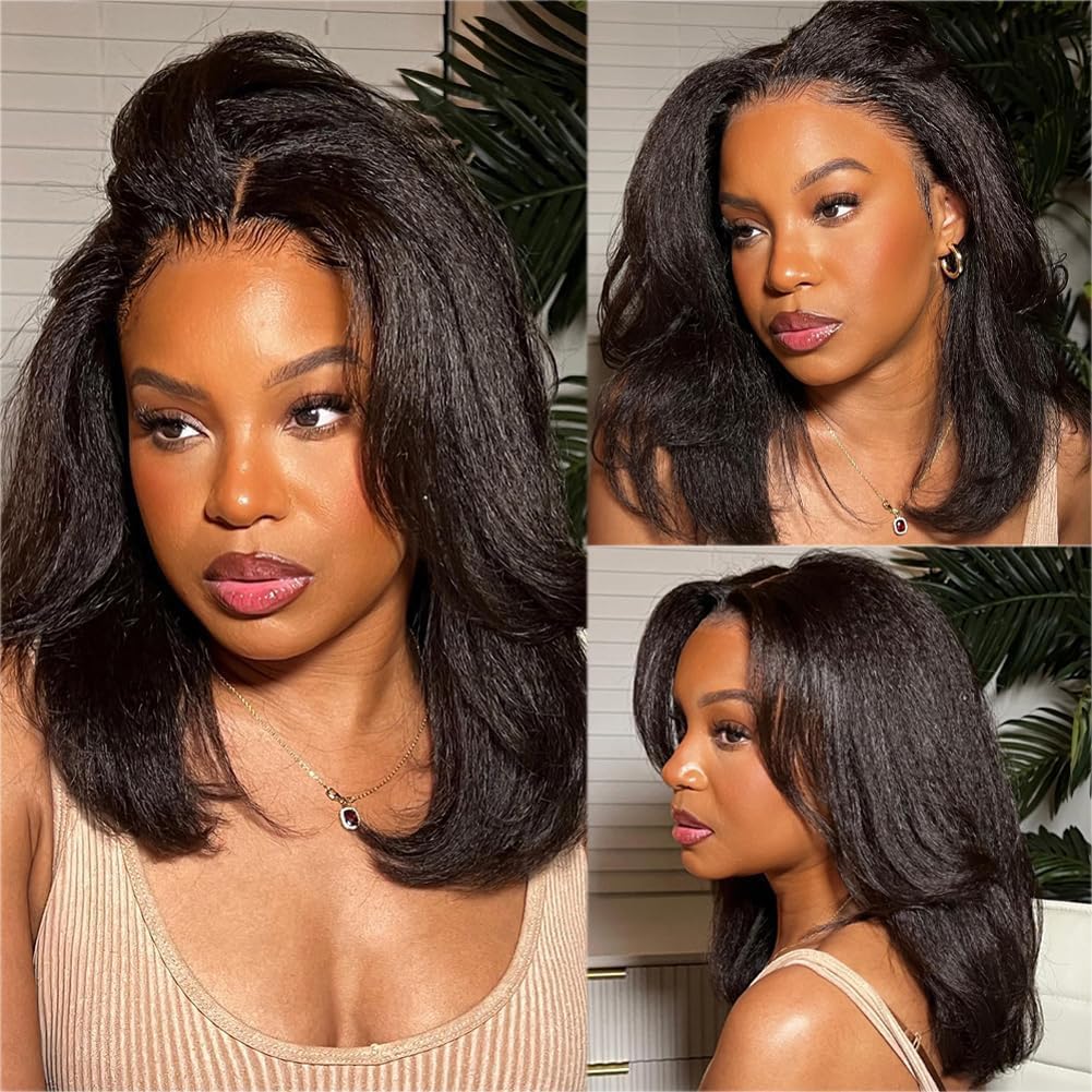 Yaki Parrucca Donna Senza Colla 4x4 Lace Front Wig Human Hair Wear and Go Glueless Wigs Human Hair Pre Plucked Pre Cut for Beginner 180% Density Lace Closure Wigs 16 Pollici
