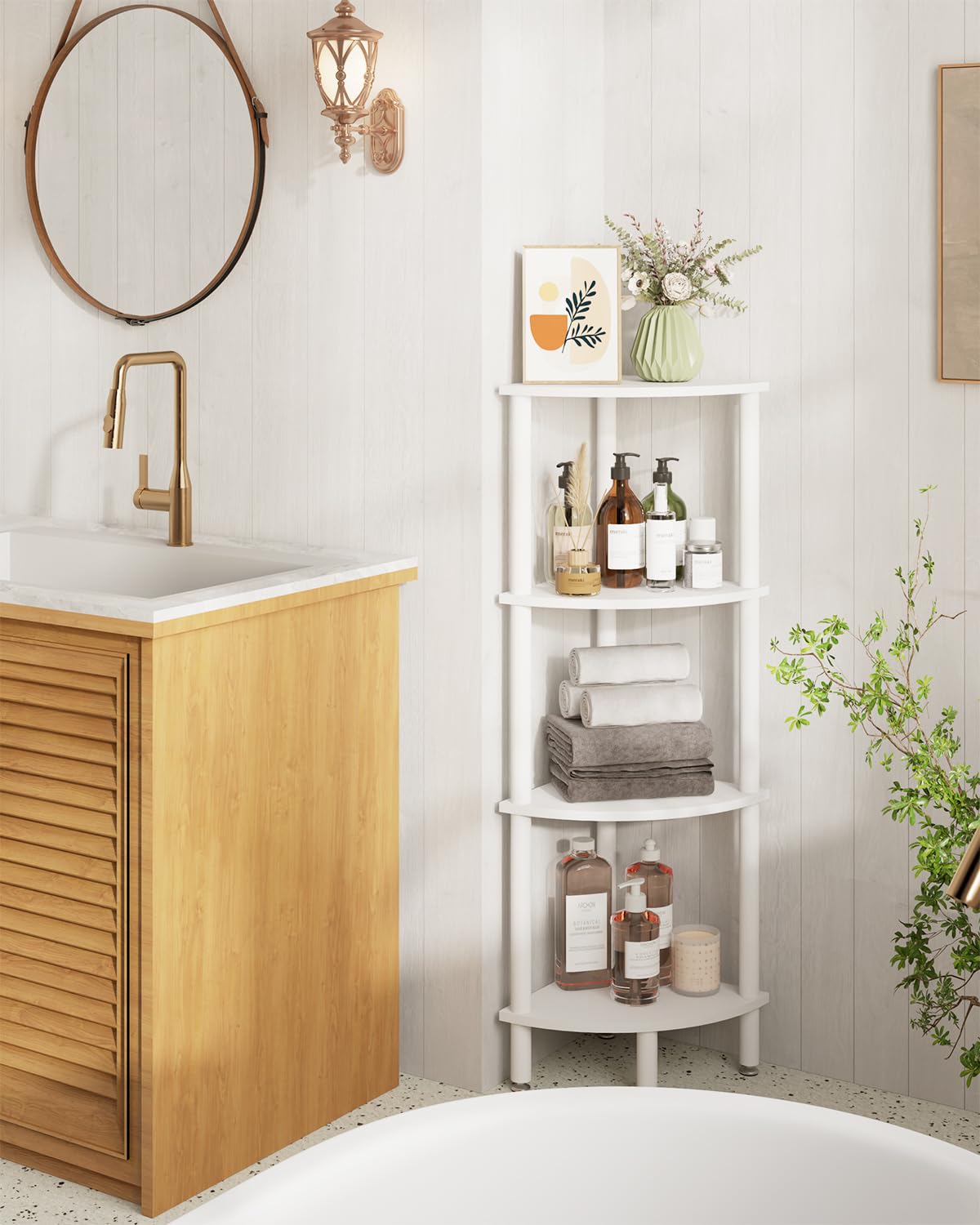 IBUYKE 4 Tier Corner Shelf Stand,Industrial Corner Display Rack,Corner Bookshelf for Living Room, Bedroom, Kitchen, Home Office, White WBC014W