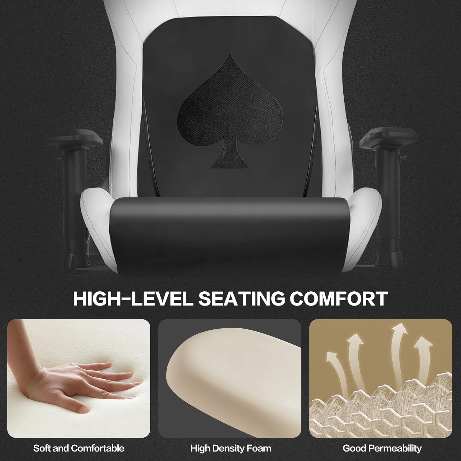 Modern-Depo Ergonomic Video Poker Gaming Chair Recliner with Texas Hold'em Sign Swivel Chair with Poker Logo, Lumbar Support, Headrest, Height Adjustable for Study, Home Office, White Black Poker 4