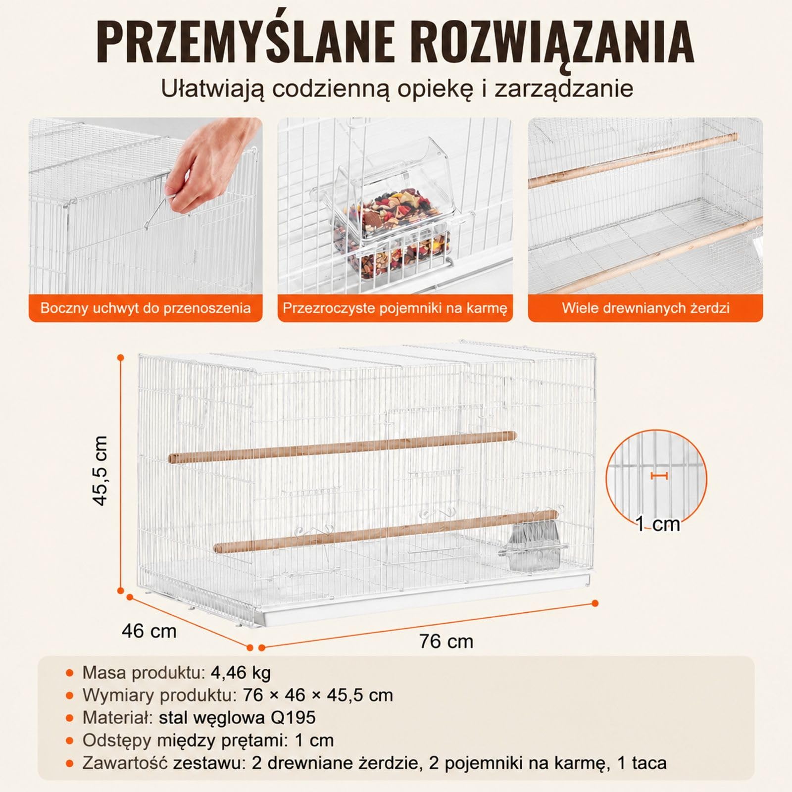 Biała metalowa klatka dla małych papug, kanarków i zięb z uchwytem oraz żerdziami