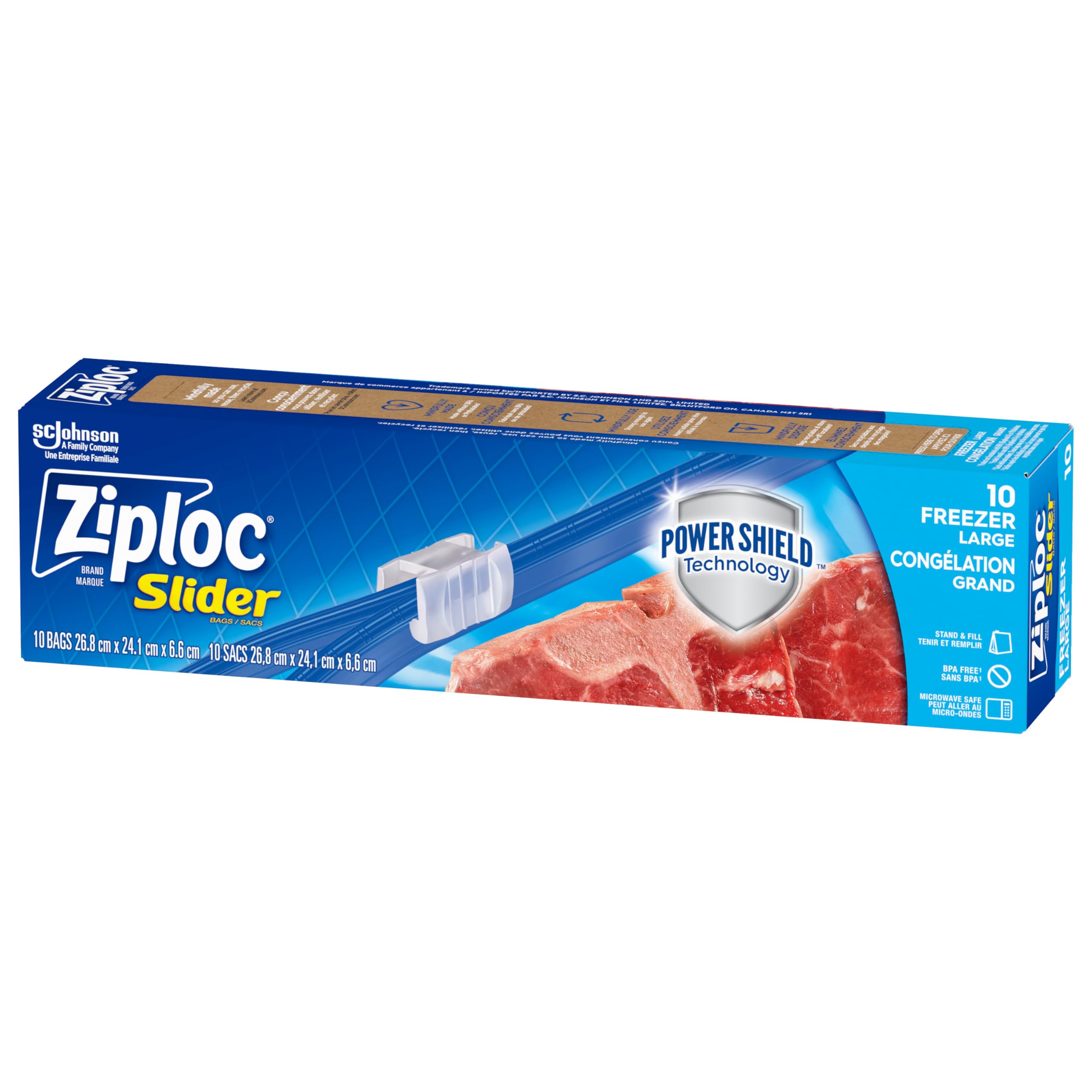 Ziploc Large Food Storage Freezer Slider Bags, Power Shield Technology for More Durability, Freezer and Microwave Safe, 10 Count L (10 Count)