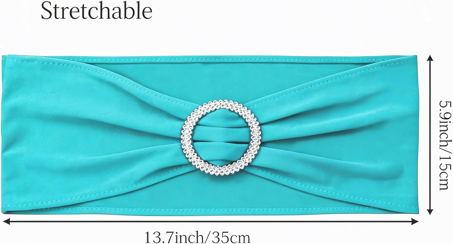 Pack of 50 Spandex Turquoise Chair Sashes for Wedding Teal Chair Bows Sashes Chairs Bands Buckles Fitting Birthday Party Anniversary Events Ceremony Bridal Baby Shower Decorations