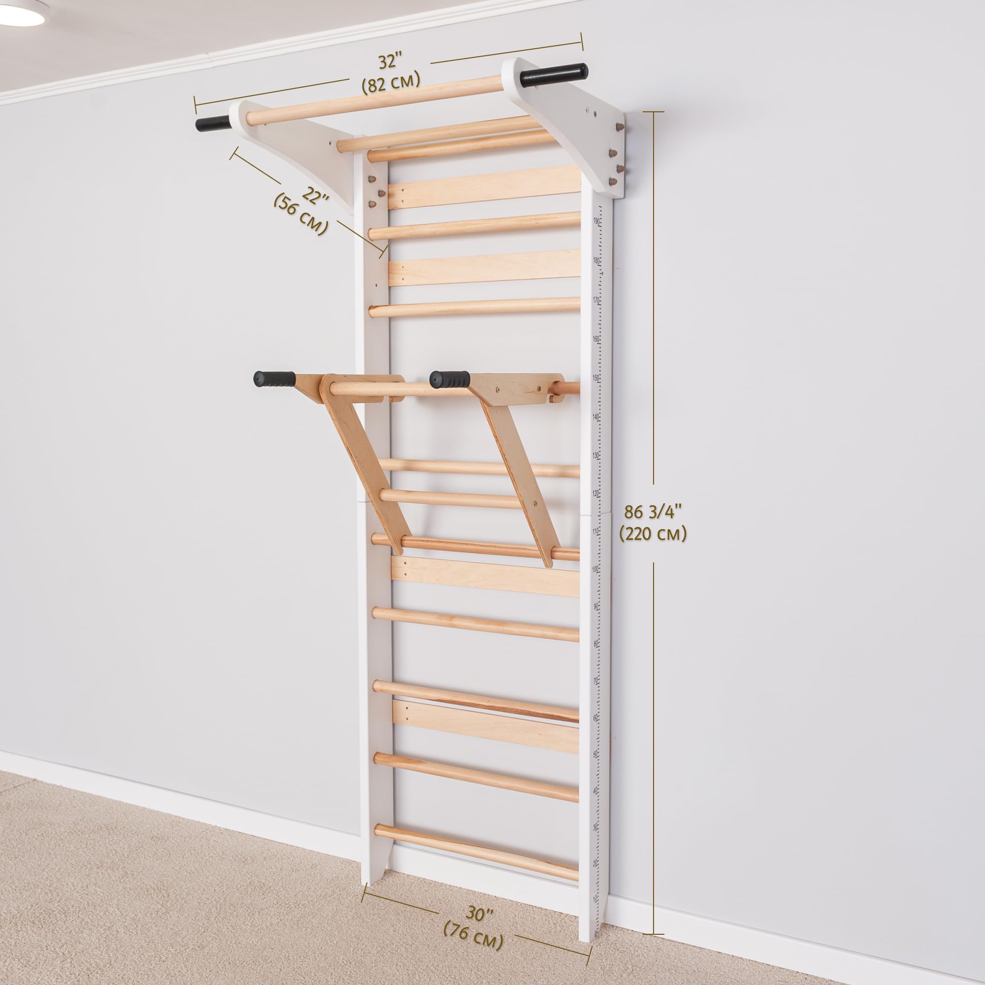 Parete a pioli in legno con barra per trazioni e parallele (pieghevole) - Struttura per arrampicata interna per bambini e adulti - Parete da ginnastica fino a 150 kg, scala da parete per