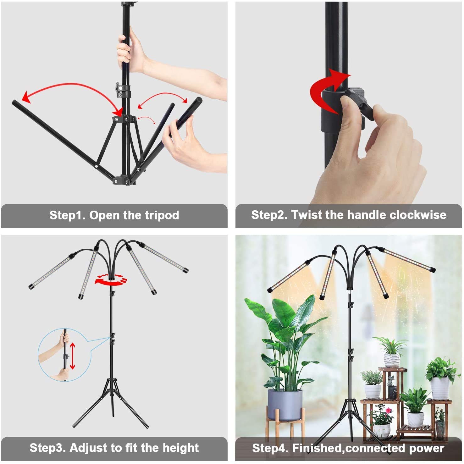 AUXTINGS Lampe de croissance, 4 têtes 80 LEDs spectre complet plantes d'intérieur, 10 niveaux de gradation et 3 modes d'éclairage, avec minuterie automatique et support réglable en hauteur