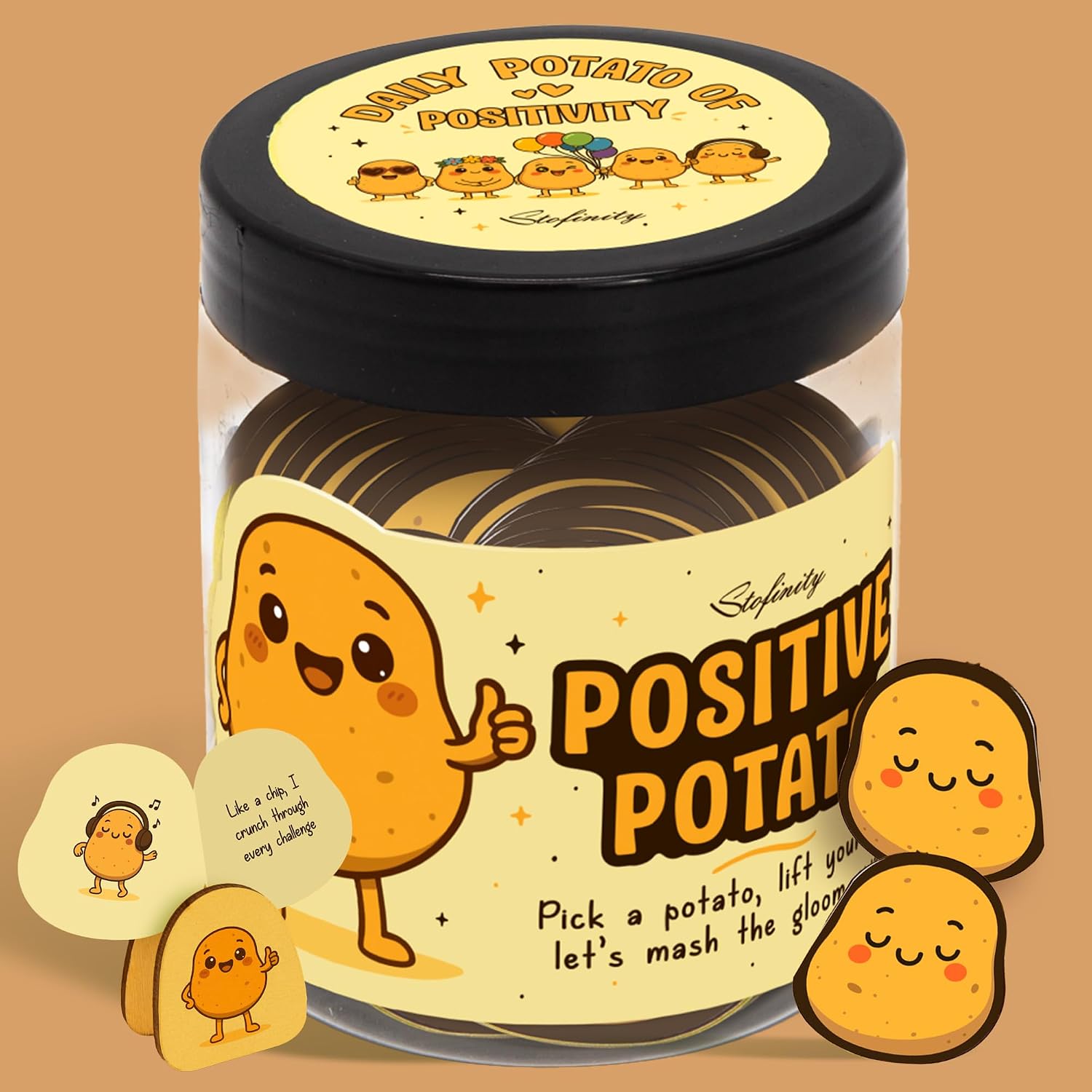 STOFINITY Positive Potato Affirmation Jar, 60 Cards with Wood Stand