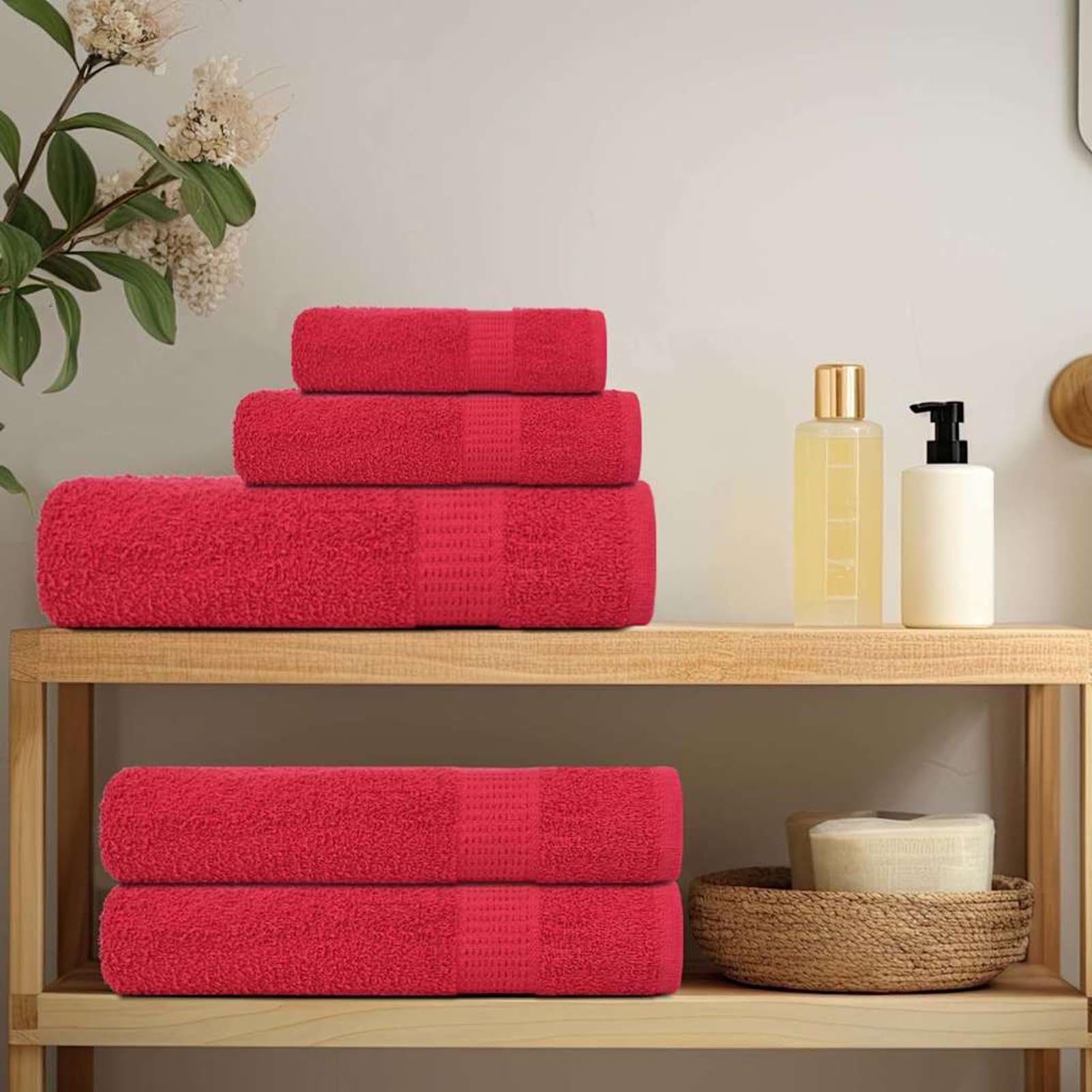 Homgoday Set Asciugamani Bagno 8 Pezzi FROGN, 100% Cotone, 360 g/m2, Certificato Oeko-Tex, Rosso, Lavabile in Lavatrice, Anello per Appendere