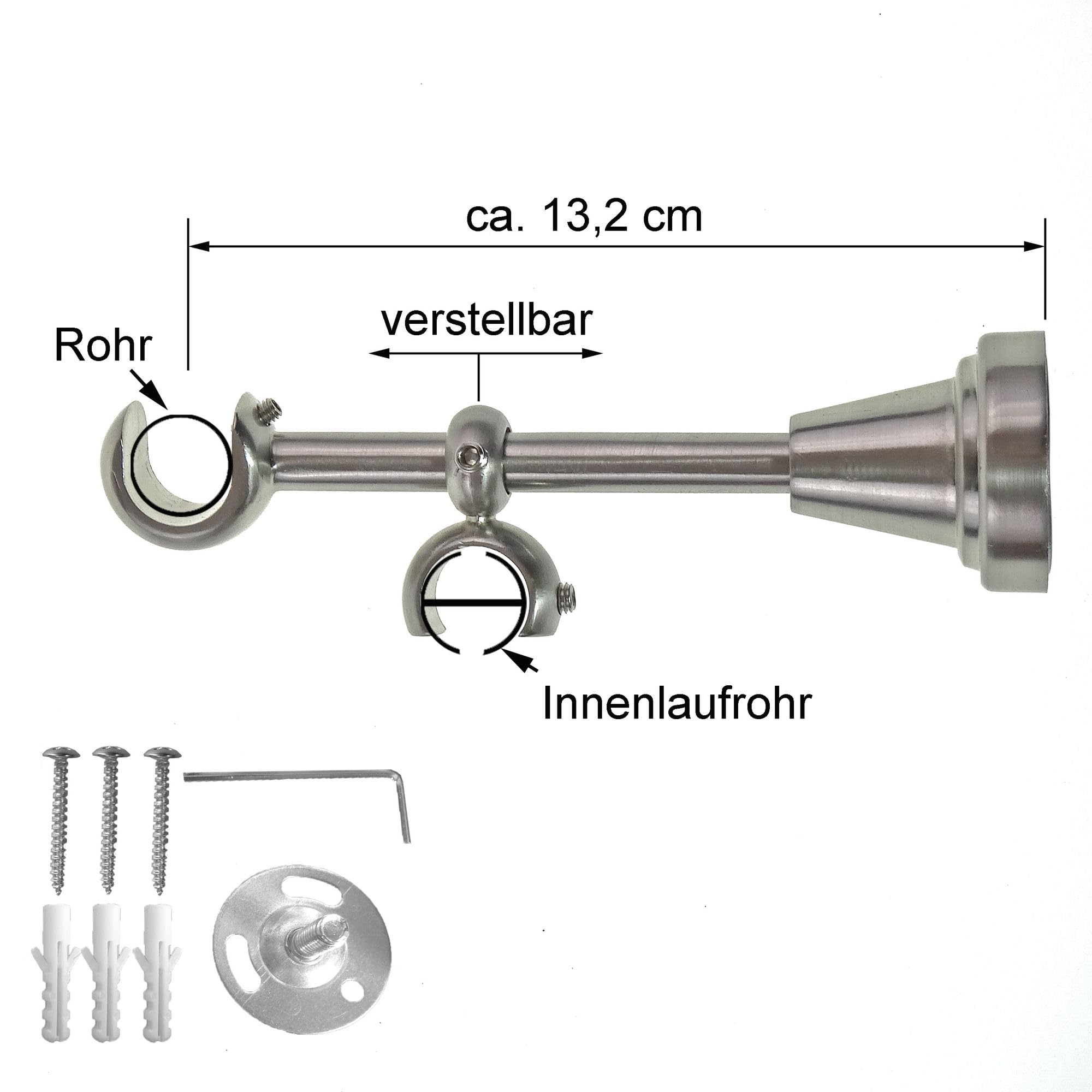 BASIT Gardinenstange Innenlauf Edelstahllook 16mm 2-läufig Wand 280cm H14RI | Gardinenstangenset doppelläufig Wandmontage Metall Vorhangstange Wandhalterung 120-600cm wählbar Kappe Zylinder E28