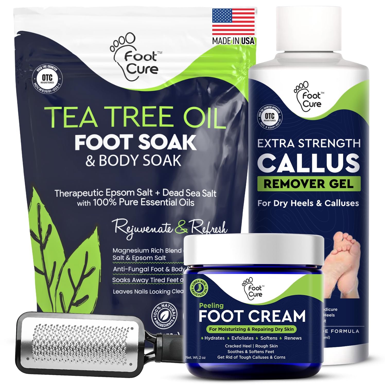 FOOT CURE Exfoliator & Callus Remover Pedicure Set – Care Kit Includes File for Dead Skin, Tea Tree Oil Soak Salts, Urea Cream 40 Percent Removal Gel Made in USA, Ivory, 4 Piece