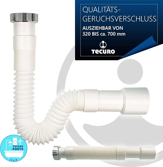 tecuro Flexible Drain Hose 1 1/4 x 32/40mm Kitchen Sink Trap Extendable from 320-700mm