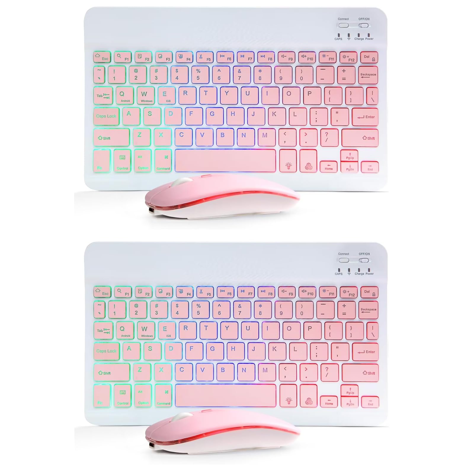 2 Pack Ultra-Slim Bluetooth Keyboard and Mouse Portable Mini Wireless Keyboard Rechargeable 7-Color Backlit for Apple iPad iPhone Samsung Tablet iPhone Smartphone iOS Android Windows,(10 inch Pink)