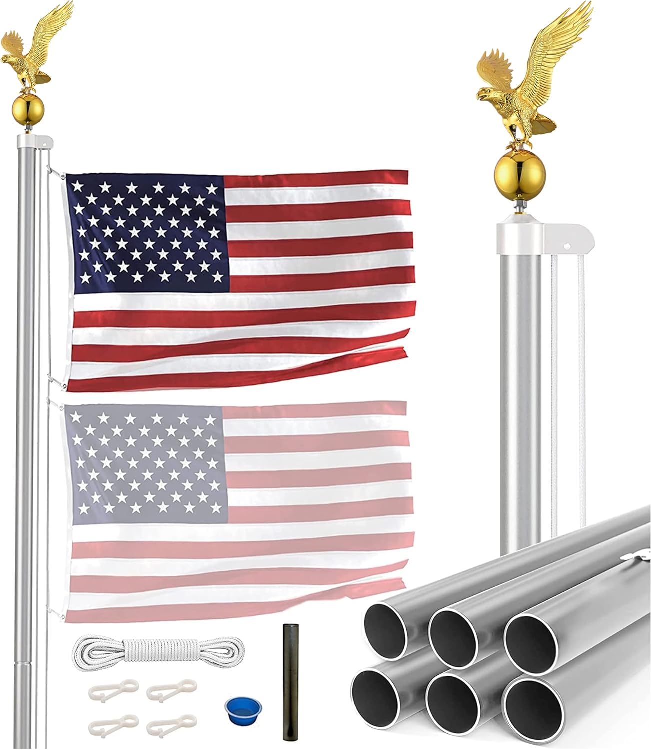 20 FT Heavy Duty 14 Gauge Tapered Commercial Flagpole Outdoor Sectional Residential Flag pole Gold Eagle Top Windstrong 4x6 US Nylon Flag Sewn Stars Stripes Hardware for holding two Flags included