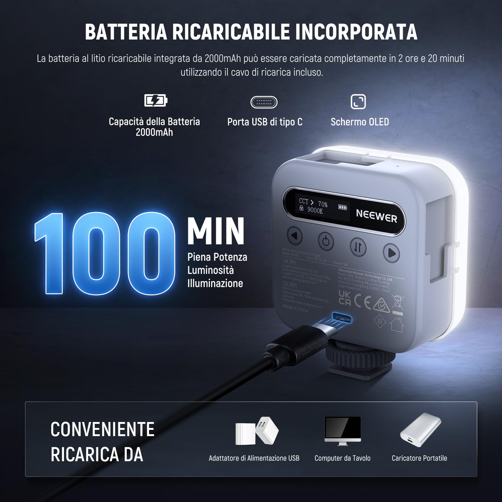 NEEWER BASICS Luce Video RGB Magnetica, Luci Fotocamera a Pannello LED Piccola Portatile a Colori 360°, 2500-9000K CRI96+ 18 Scene 3 Cold Shoe Batteria 2000mAh per Fotografia Streaming Ripresee, BL60C