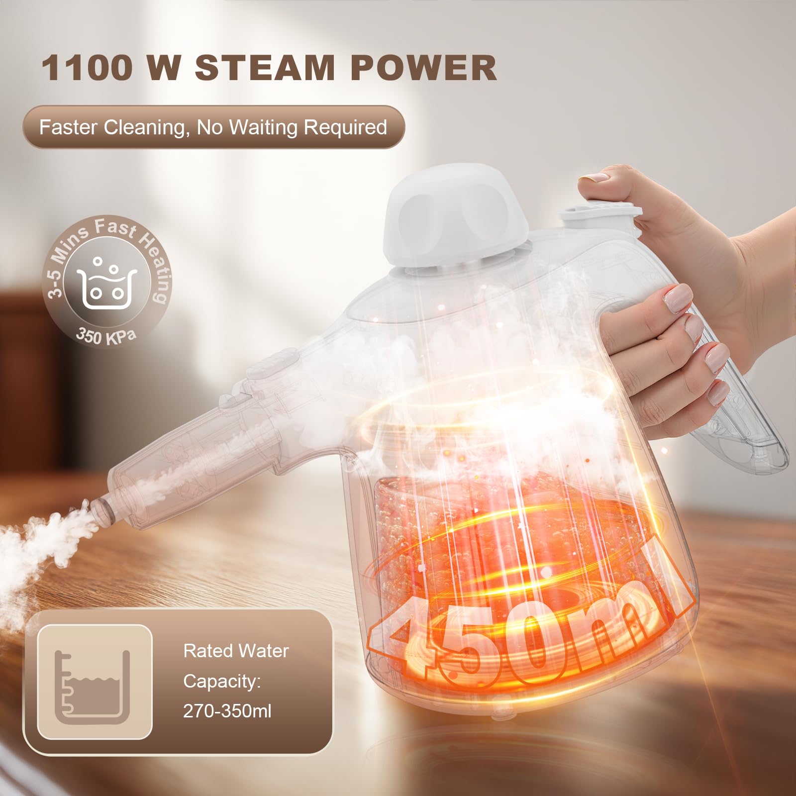 Dampfreiniger Handgerät mit 12-Teiligem Zubehör, 1100W 450 ml Handdampfreiniger für Haushalt, Küche, Bad, Fenster, Polster & Auto–100% Chemiefrei, Hochdruck-Dampf Gegen Schmutz Fett & Bakterien Weiß