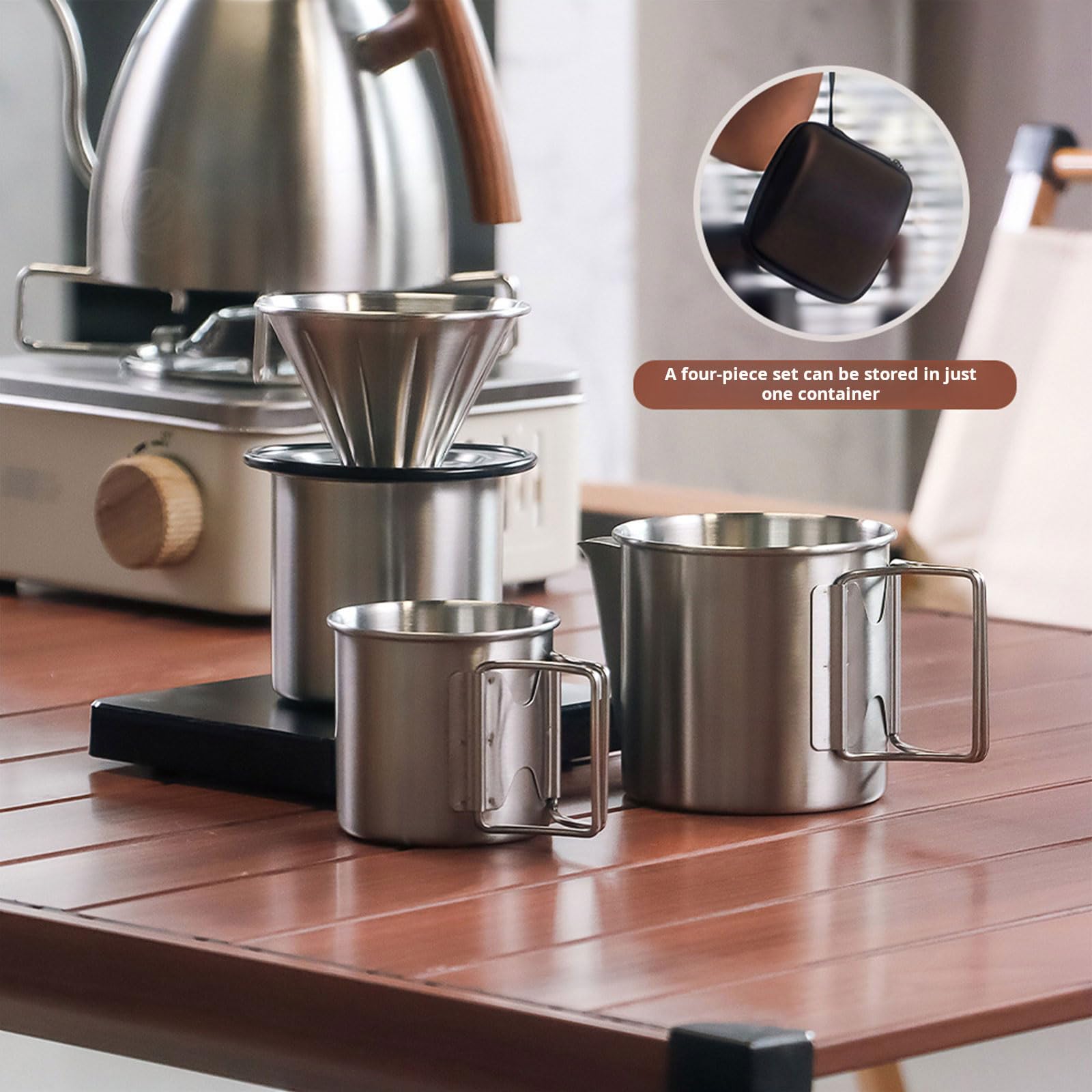 Set di 4 pezzi portatile manuale per la preparazione del caffè in acciaio inossidabile per gli avventurieri attrezzatura zaino in spalla