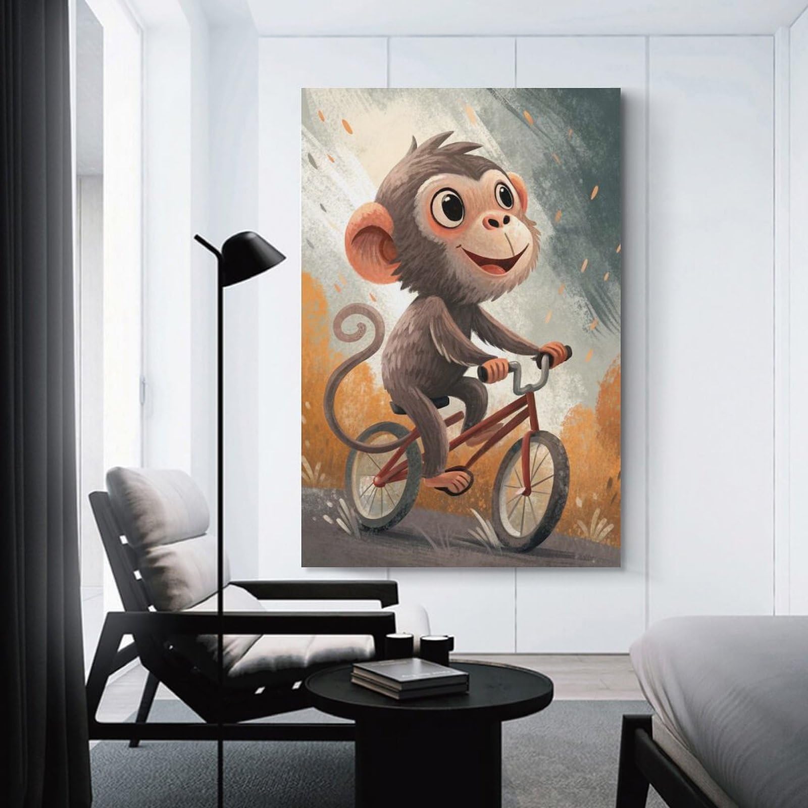 Junmoney Wall Picture Print Monkey on A Bicycle Illustration, 24x36inch(60x90cm), for Living Room, Lounge Or Sitting Room, Modern Wall Decor for Cosy Interiors