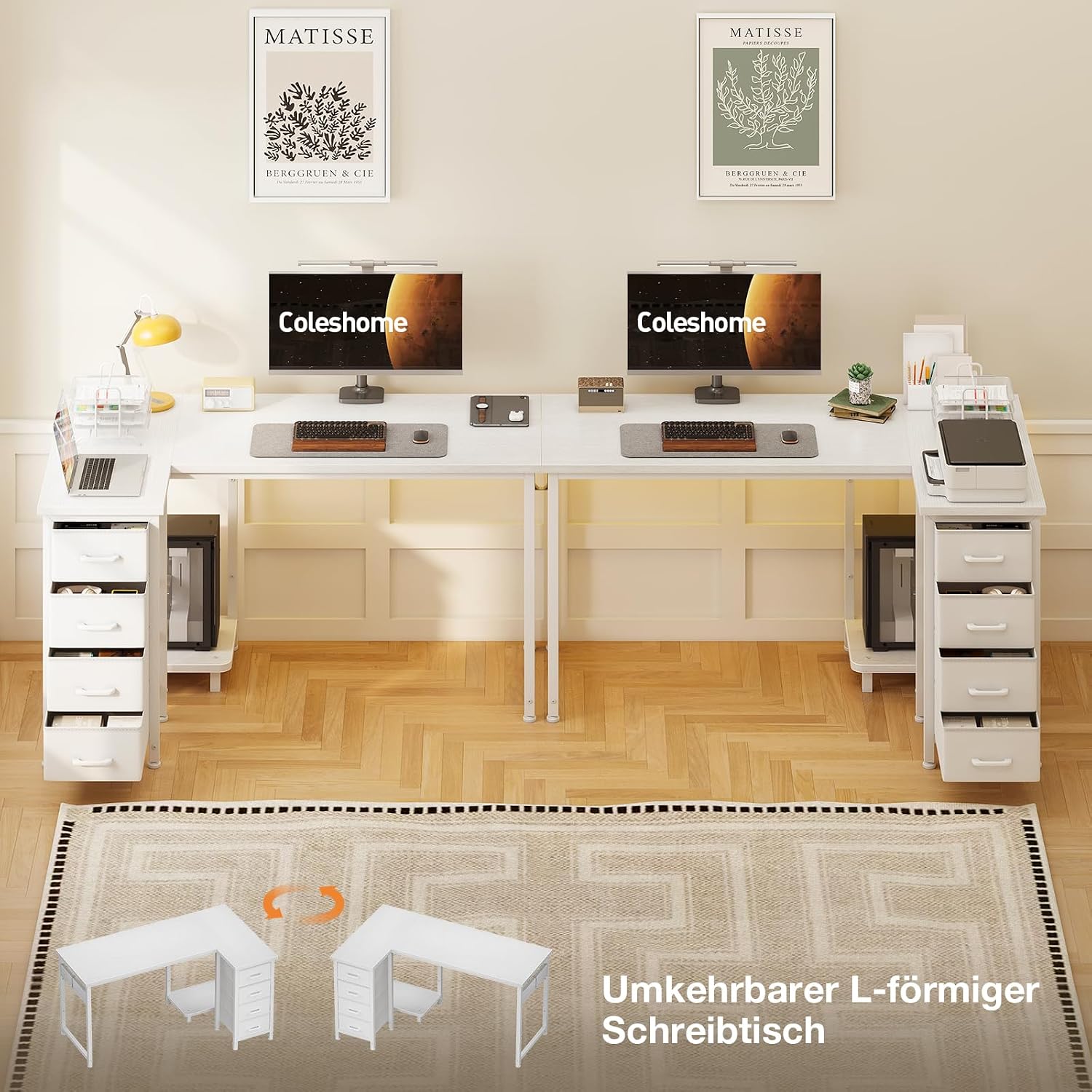 Coleshome Corner Desk, 120 x 70 cm, L Shape Desk with 4 Drawers, Reversible Computer Desk for Office, Study, Bedroom, White 120 × 70 cm White