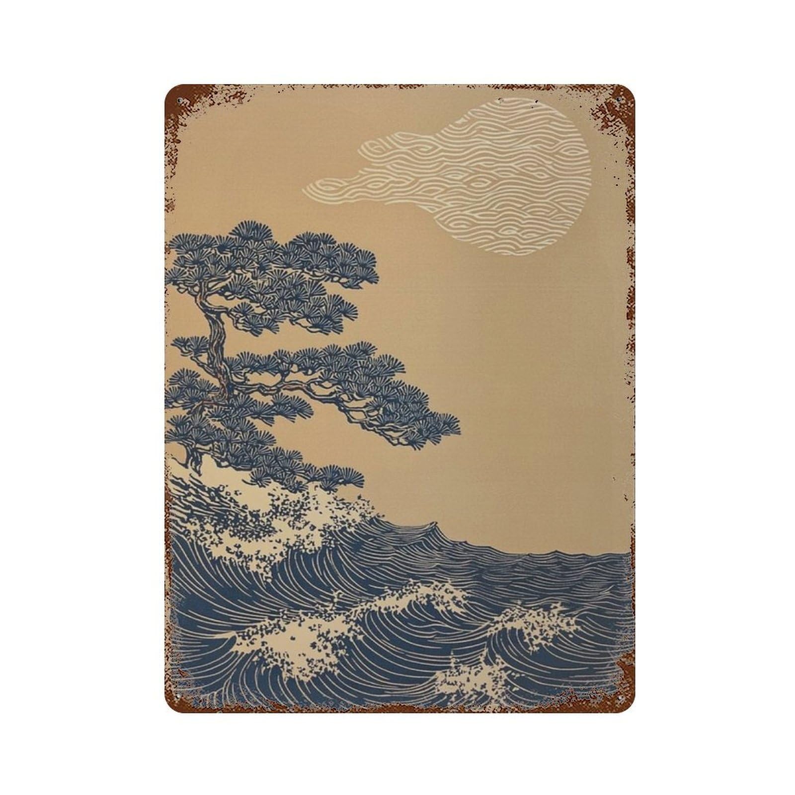 xiaoxiaoshen Japanese Coastal Pine Woodblock Style Ocean Minimalist Seascape Landscape Asian Wall Decor Art Metal Tin Poster Modern Home Decor Art Home Bar Shop Decorations Vintage Sign 40x30cm
