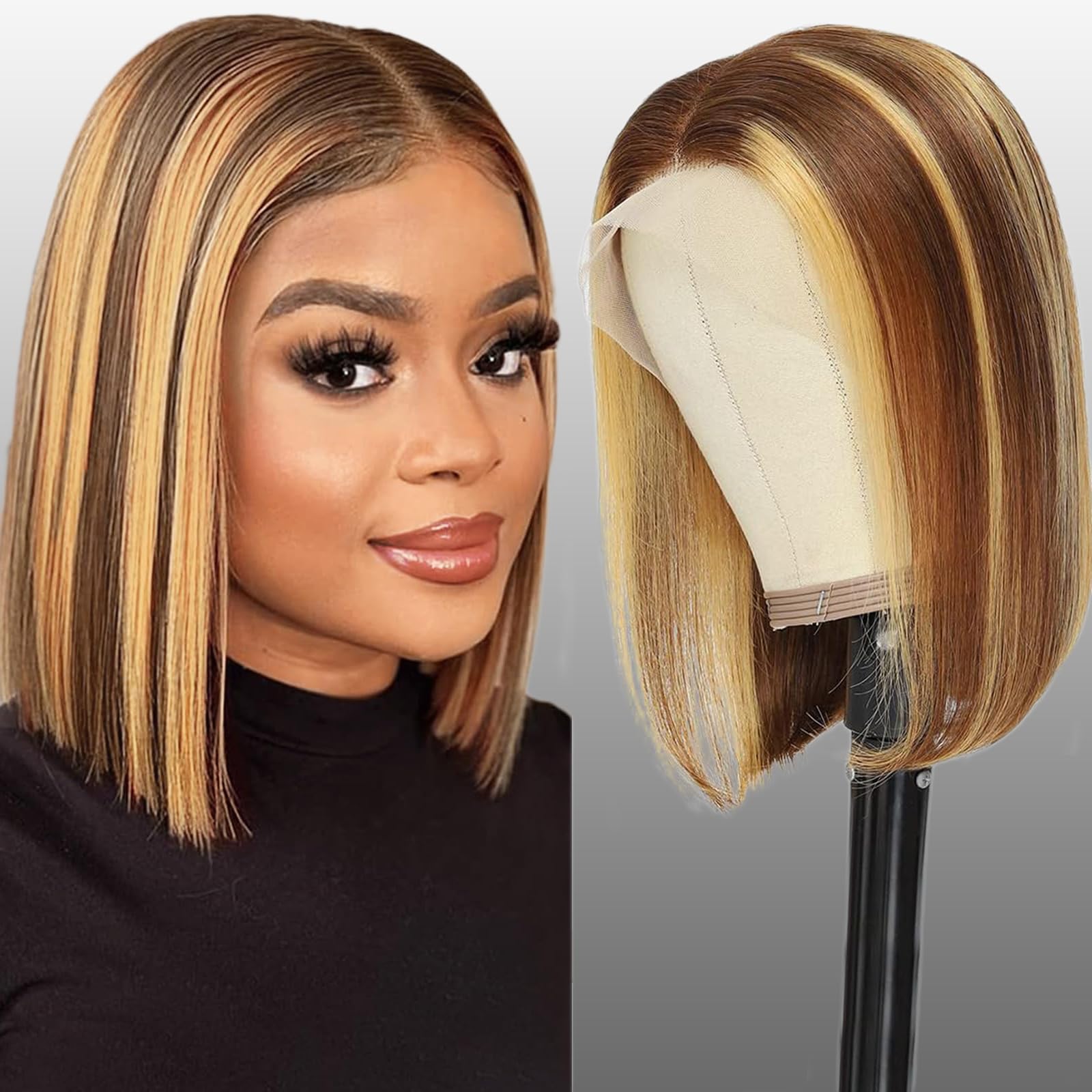 Lace Front Bob Wig Human Hair 13X4 HD Bob Lace Frontal Wig Short Straight Brazilian Virgin Human Hair 150% Density Highlight Ombre P4/27 Color (8 inch)