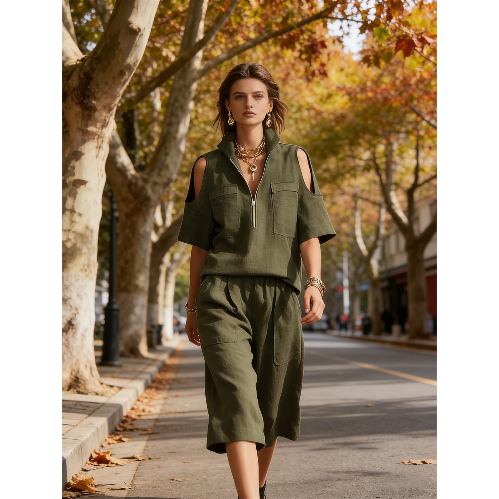 amropi Conjunto de Verano Mujer 2 Piezas Chándal Cremallera Hombros Descubiertos Camisa de manga Corta Top y Pantalones 3/4 de Pierna Ancha