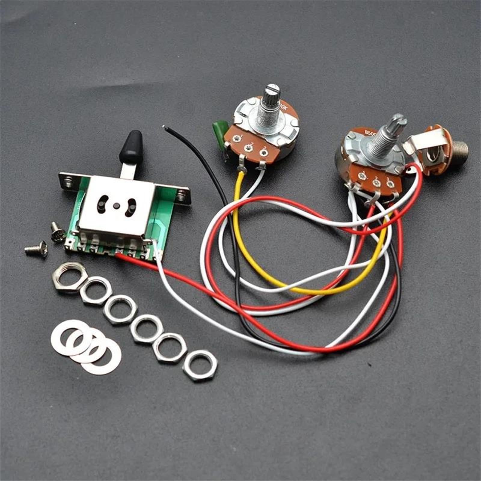 Kit Arnés Precableado Arnés de cables para guitarra de 3 pastillas preinstalado A500K B500K Potenciómetro grande Interruptor de 5 posiciones 1 Volumen 1 Tono