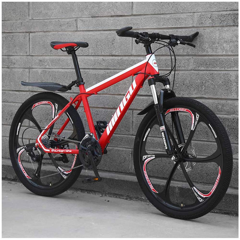 UIGJIOG 26 Zoll Männer Mountain Bikes, High-Carbon Stahl Hardtail Mountainbike, Berg Fahrrad mit Federung vorne Verstellbarer Sitz, 21 Geschwindigkeit, 6 Spoke,Rot Sport & Freizeit