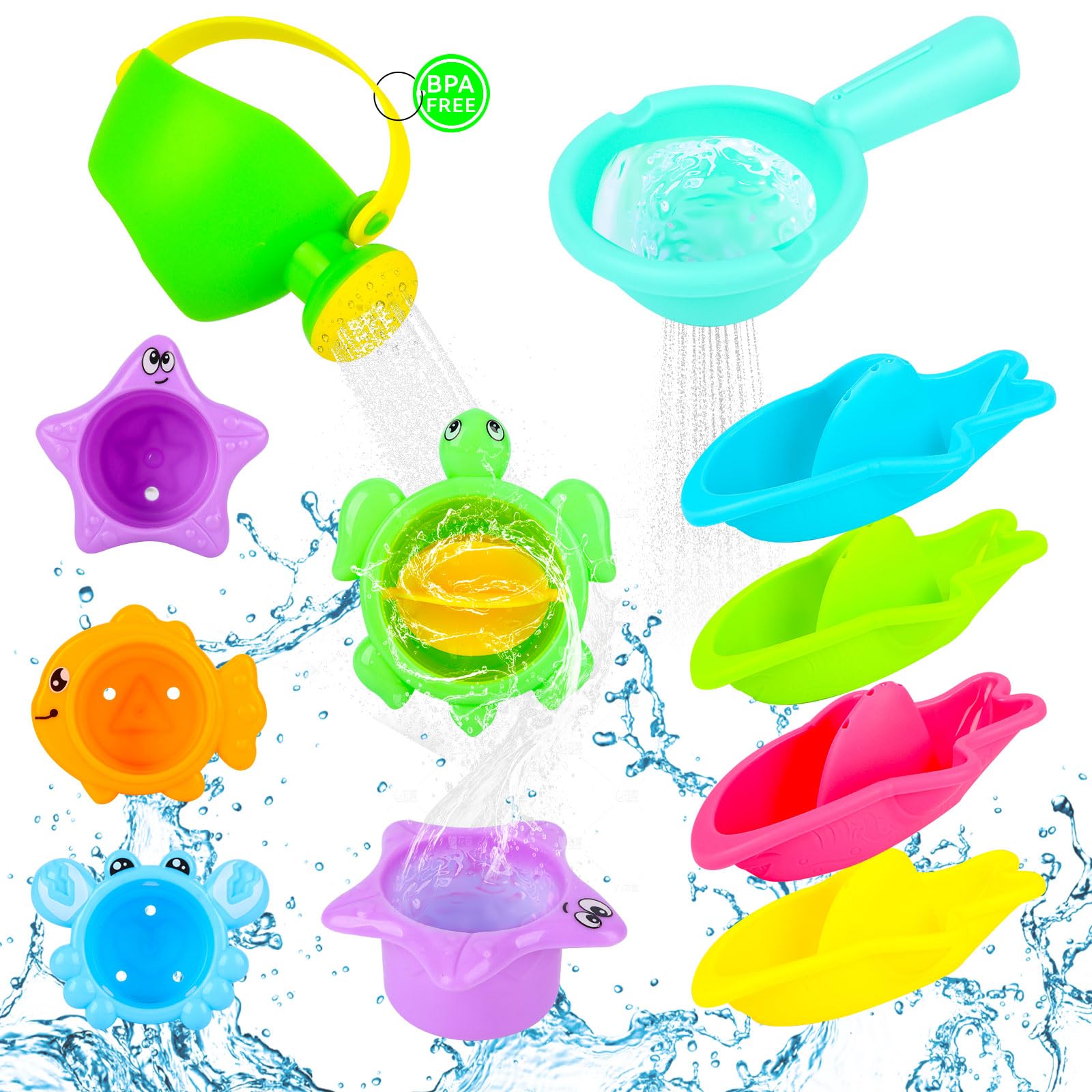 Juguetes de Baño Bebé 10 Piezas a Partir de 1 Año, Juguetes de Bañera Anti-Moho Material Suave Sin BPA, Juegos de Agua para Piscina, Playa & Arena, Regalo para Niños y Niñas
