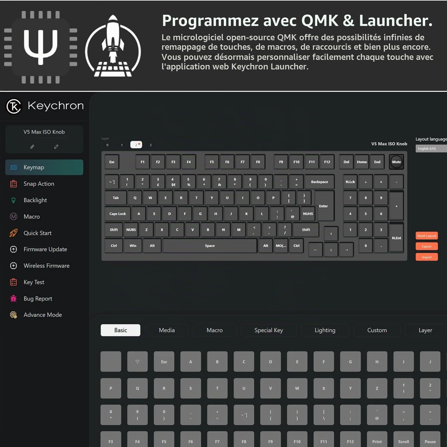 Keychron V5 Max Clavier Mécanique sans Fil Personnalisé, 2.4G Hz Bluetooth Cable Connection QMK/Via Programmable, Lumière RVB Hot-Swap Gateron Jupiter Rouge Switch pour Mac/Windows/Linux FR Layout