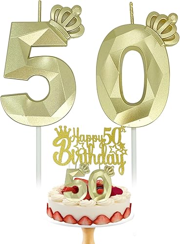 Vela de cumpleaños con corona de diamantes número 50 (oro)
