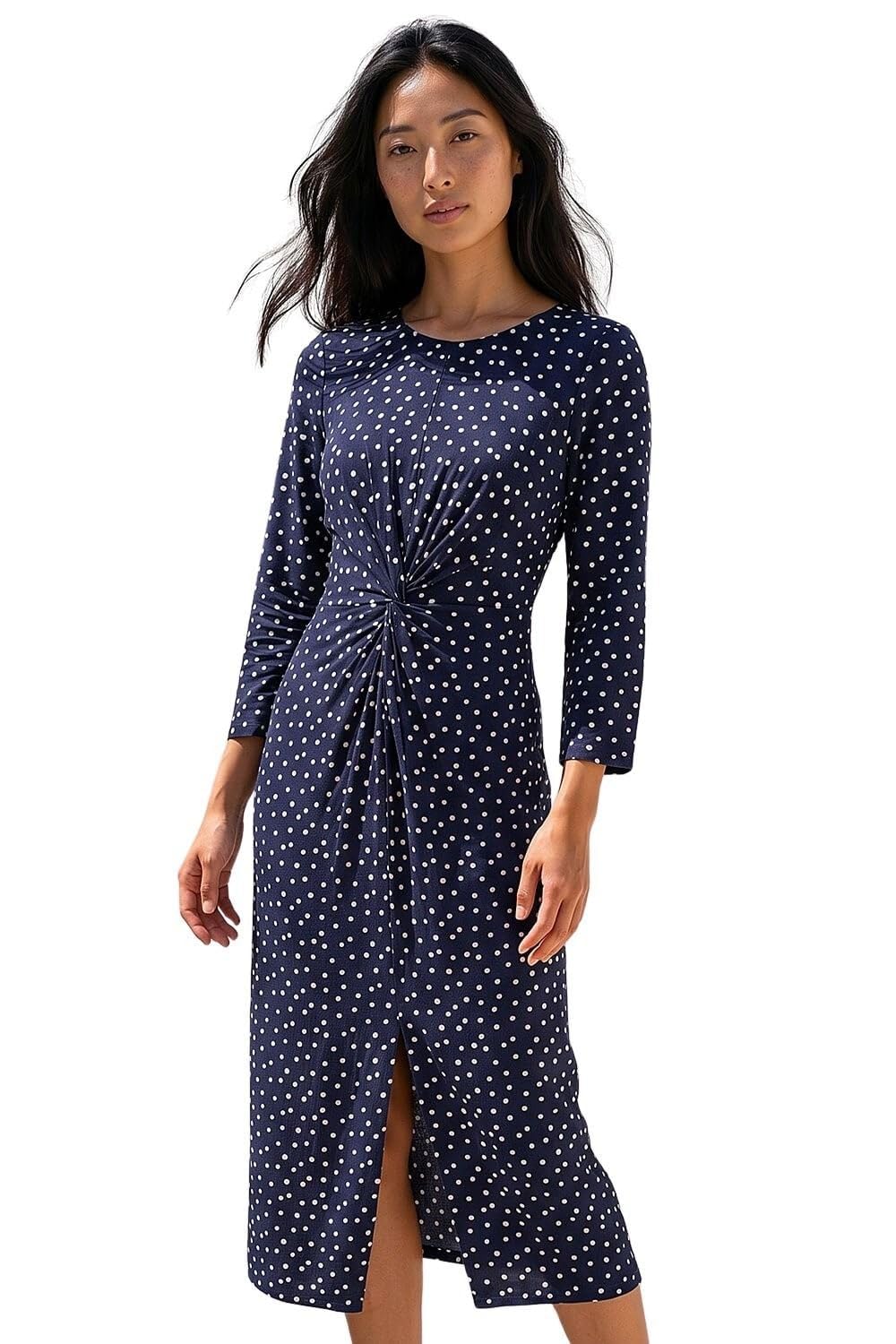 Roman Women's Navy Petite Polka Dot Front Knot Dress In Size 14