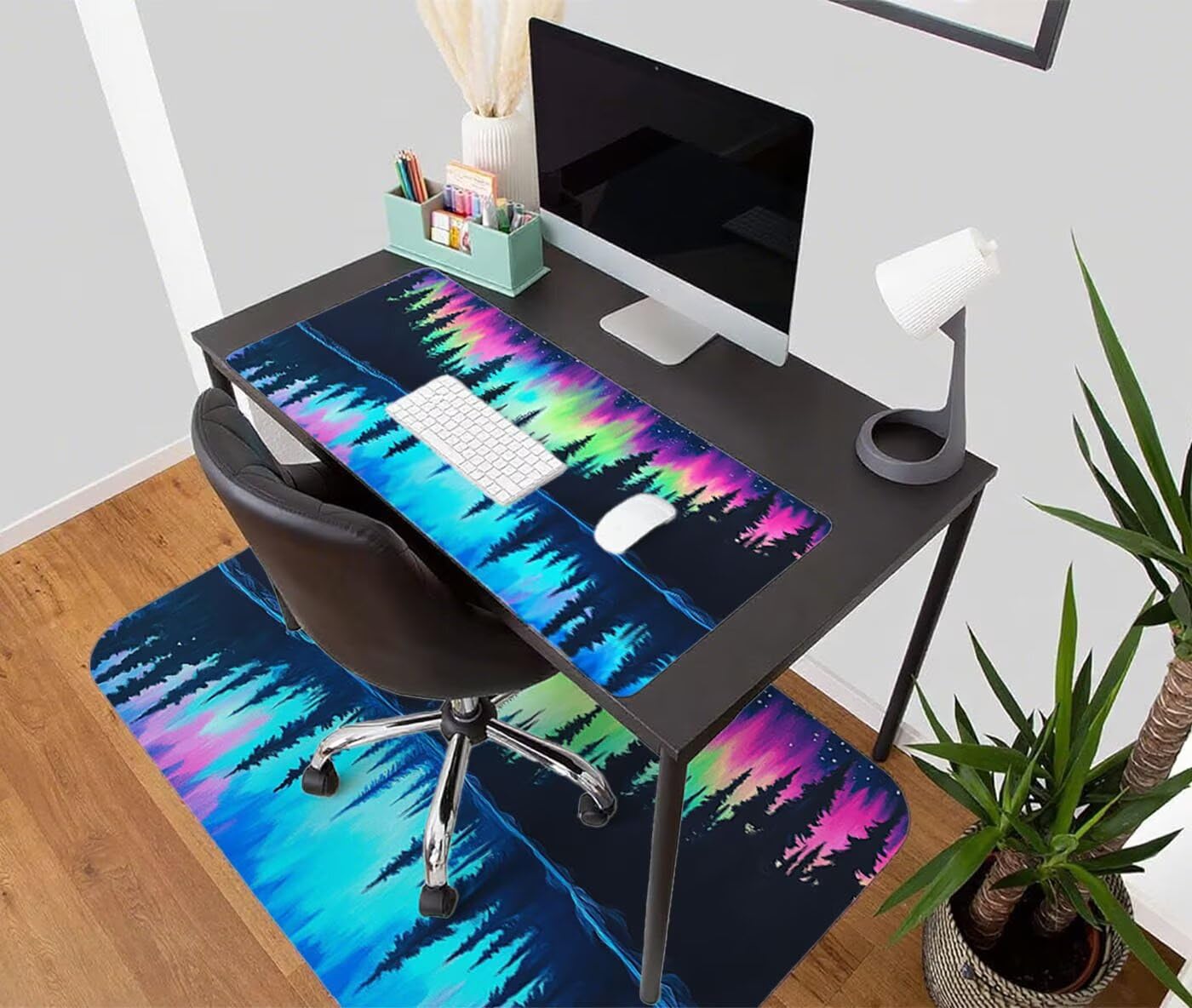 Podkładka pod mysz do gier zorza polarna podkładka pod mysz XXL 1400 x 600 x 3 mm podkładka pod mysz na biurko podkładka pod mysz nad jeziorem z antypoślizgową gumową podstawą Wodoodporna zszyte