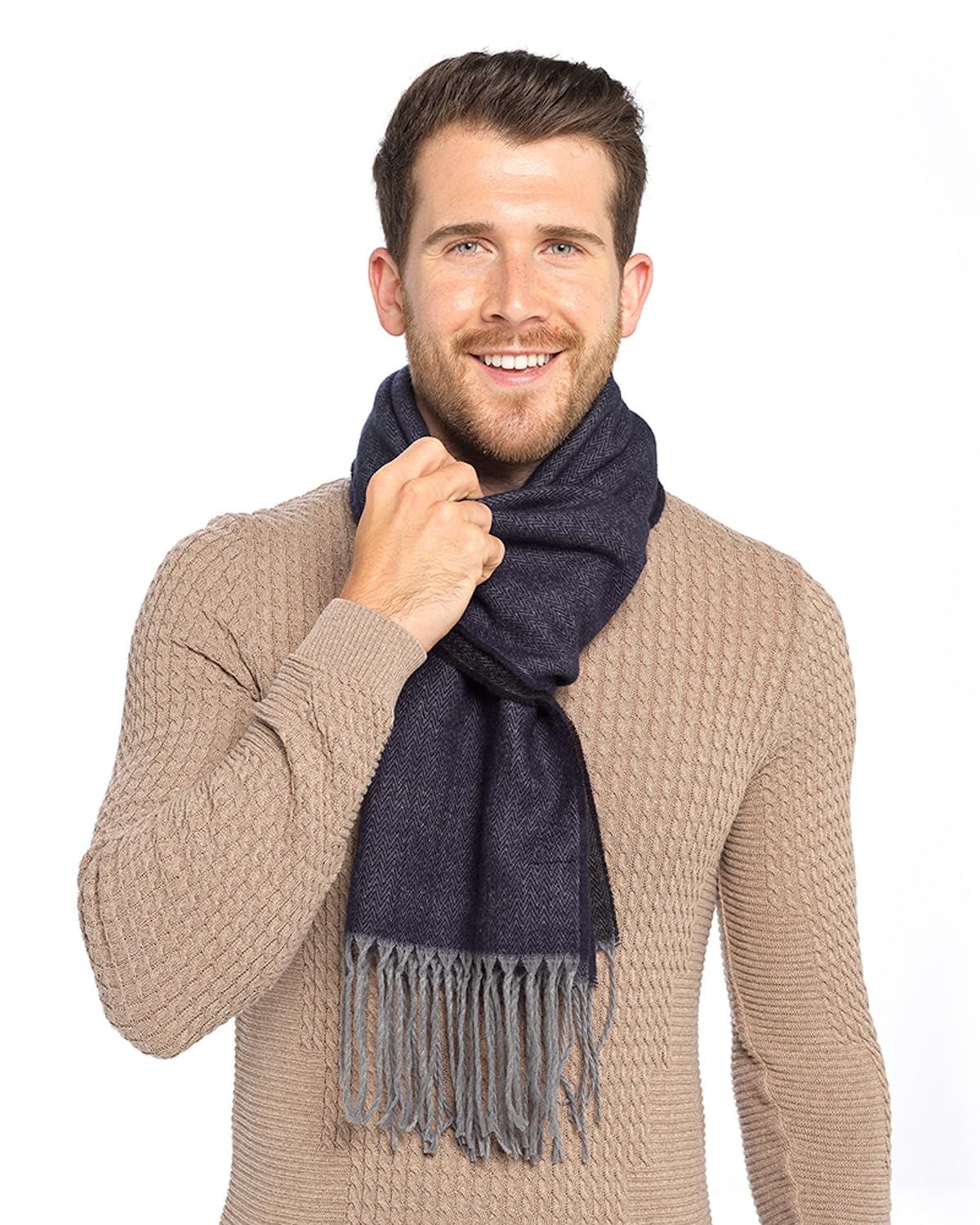 Undercover Men's Navy Herringbone Tom Franks Reversible Scarf Gl1018 Navy