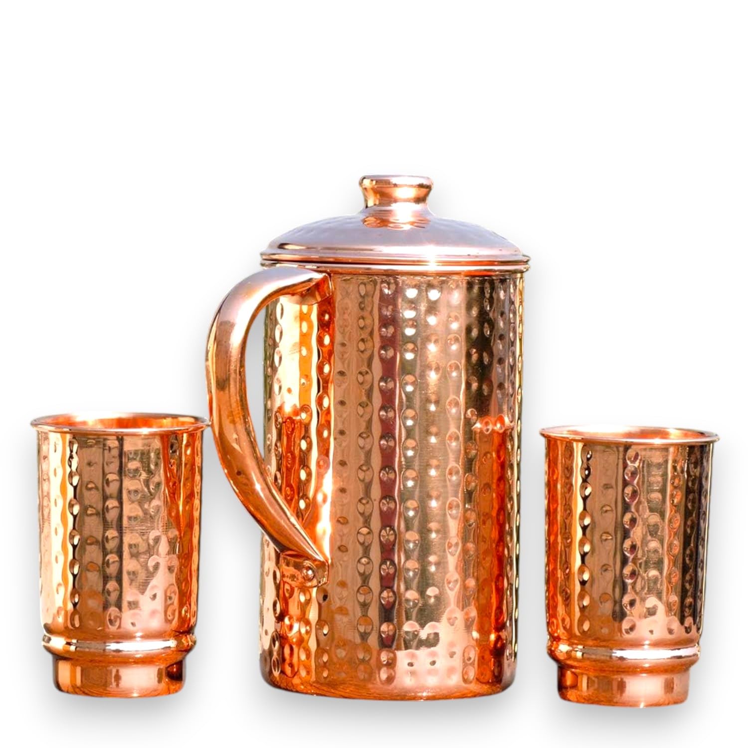 Brocca d'acqua martellata in puro rame con set di 2 bicchieri | Brocca per acqua in rame | Capacità 1,5 l oz