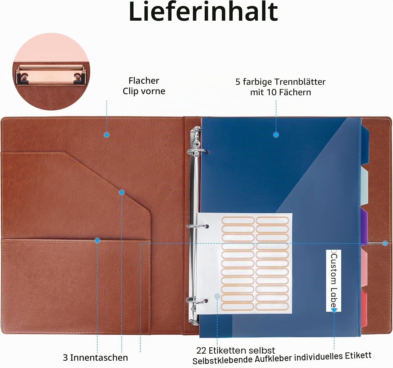 HAUTOCO Klemmbrett A4 Ordner, Ringbuch Mit 3 Ringen 25 mm, PU Leder Ringordner Schmal, Aktenordner Mit 5 Dokumententaschen, Klemmbrett Mit Deckel für Studium, Büro, Braun