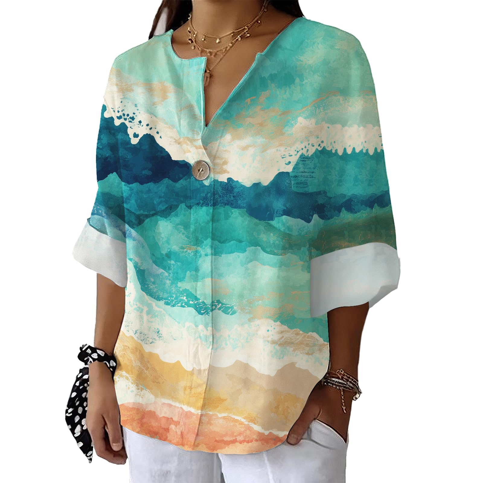 Boho Floral Graphic Shirt for Women Summer Trendy Casual 3 4 Sleeve Blouse Fashion Loose V Neck Pullover