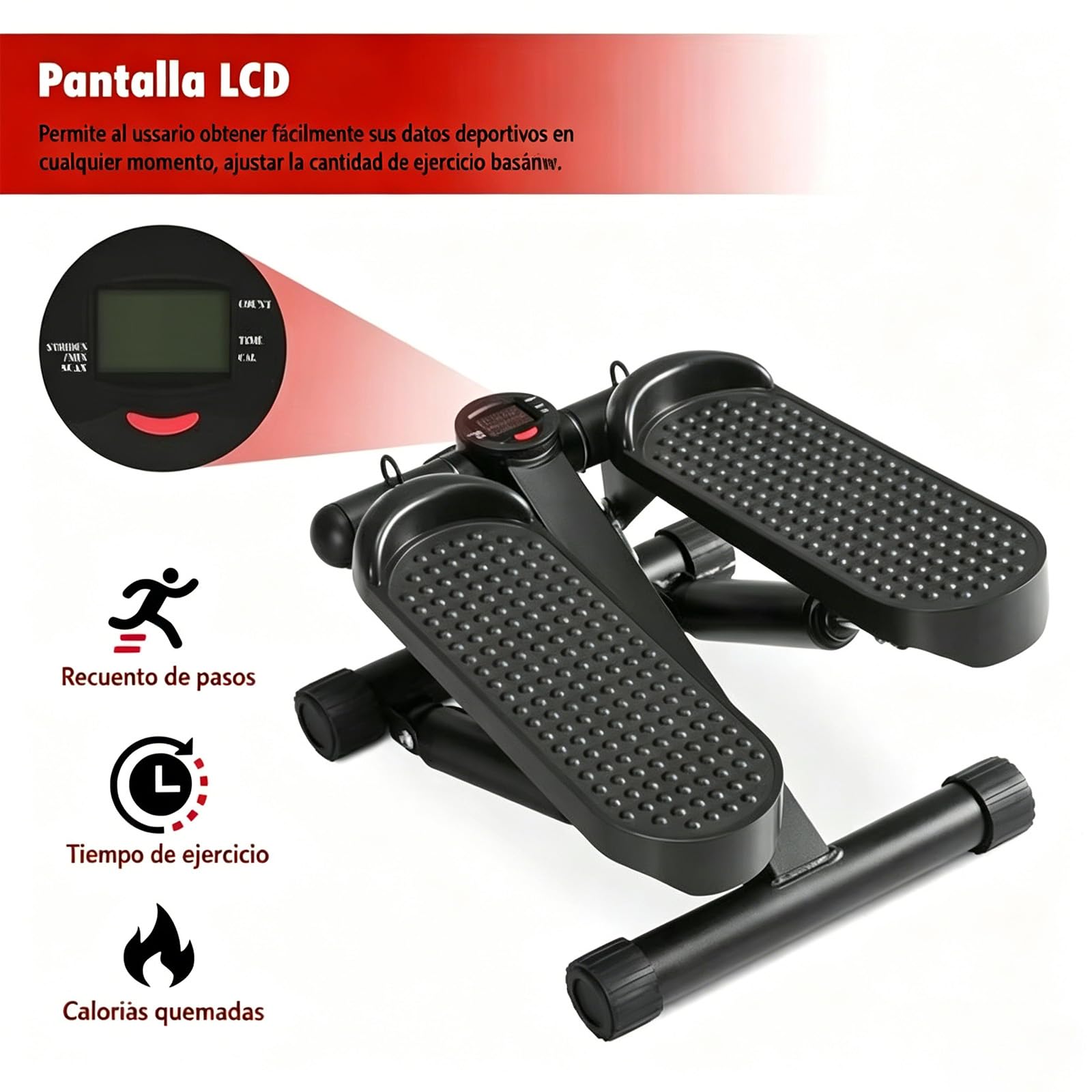 Máquina de Step para Casa, Mini Esccaladora Portátil con Bandas Elásticas y Resistencia Ajustable, Cardio Bajo Impacto con Monitor LCD – Silenciosa para Piernas y Glúteos