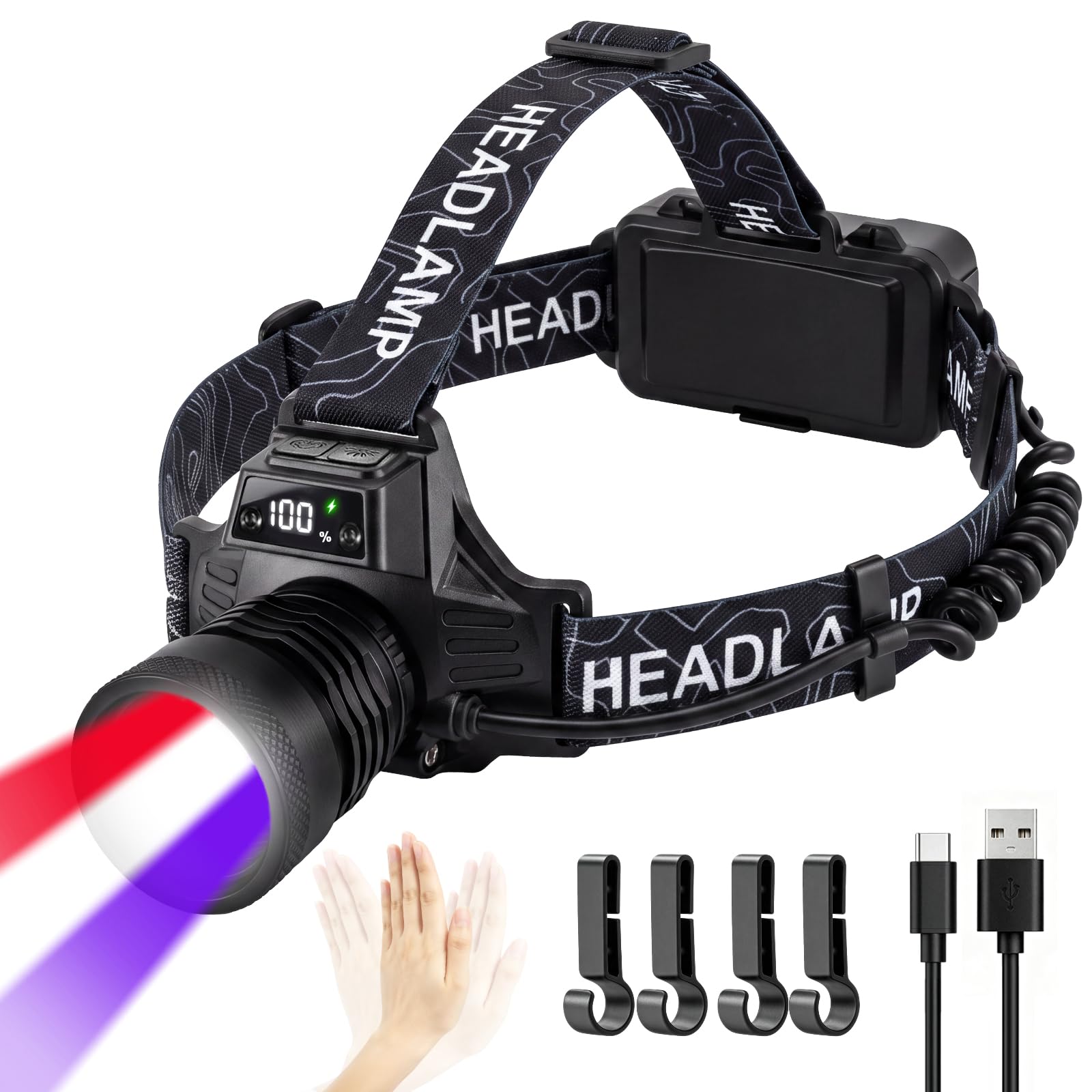 Mavtrail LED Head Torch Rechargeable Headlamp with White/Red/UV Black Light