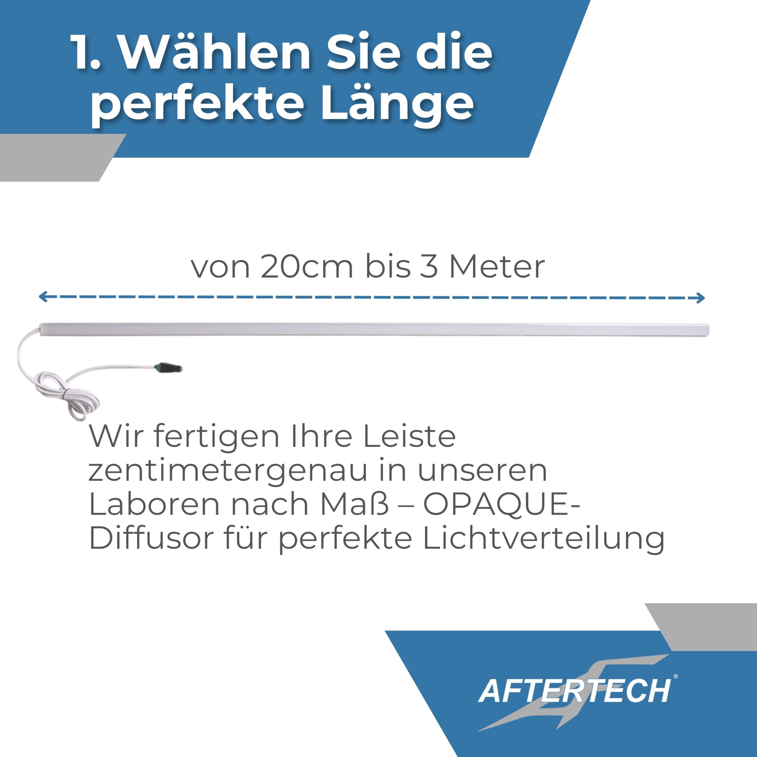 AFTERTECH LED-Leiste Aluminiumprofil FLACH WEISS NACH MASS maßgefertigt nach Zentimetermaß von 20 bis 300 cm in einem EINZELNEN Stück – STARKES LICHT 19,2 W/m 180 LED/m ANPASSBAR Küchenunterschrank