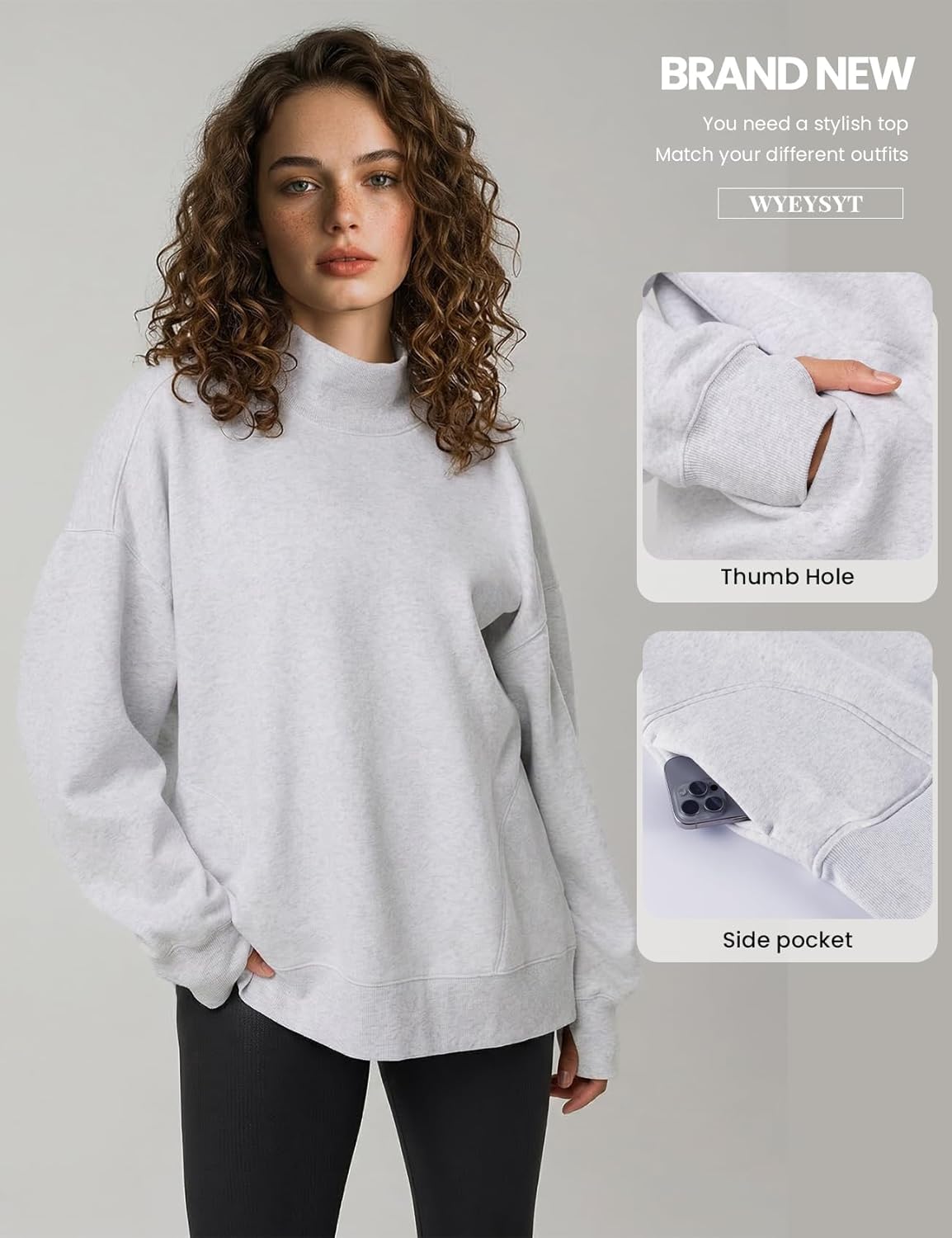 Wyeysyt Women's Mock Neck Sweatshirt Oversized Cloud Fleece Lined Turtleneck Sweatshirts with Pockets