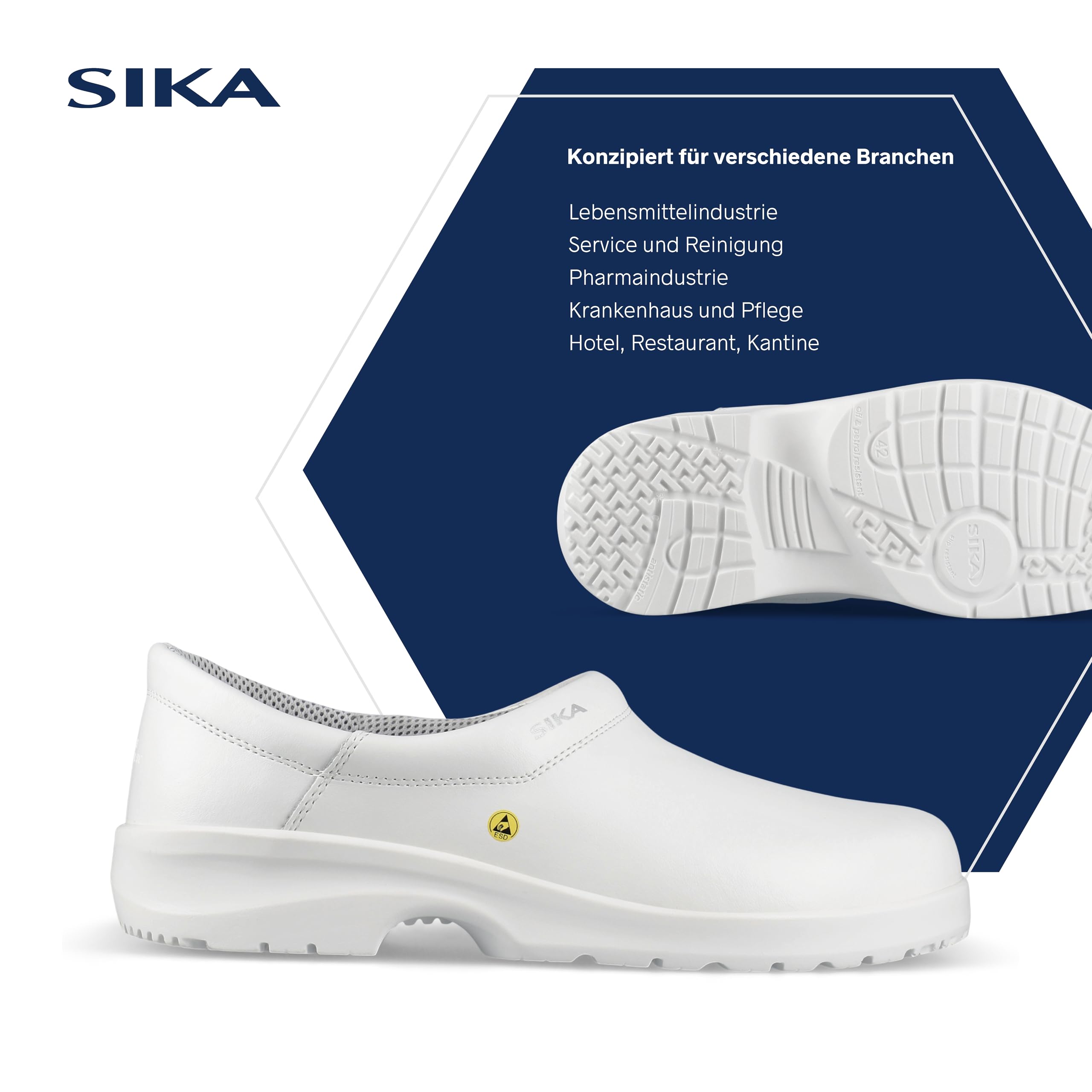 SIKA Unisex-Clogs, rutschfeste Arbeitsschuhe, wasserabweisendes Permair-Leder, stoßdämpfende Sohle, ESD-geprüft, waschbare Innensohle, professionelle Clogs für den Lebensmittel- und Medizinbereich