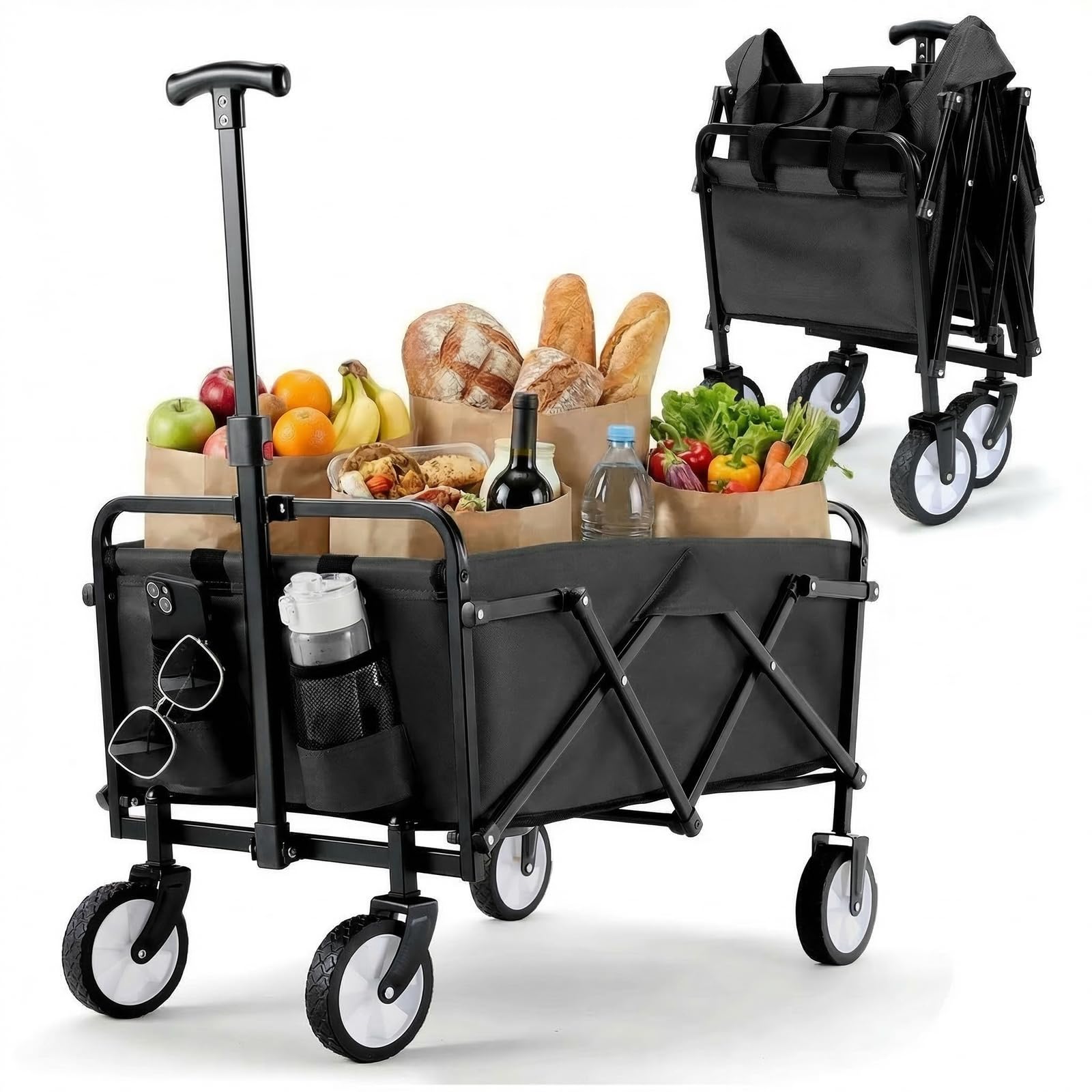 LIFERUN Carro Plegable, Carro de Jardín con Mango Ajustable, Bolsillos Laterales, Ruedas Todo Terreno, Capacidad de 60 kg, Carrito de Playa para Exteriores, Camping, Playa, Picnic, Compras