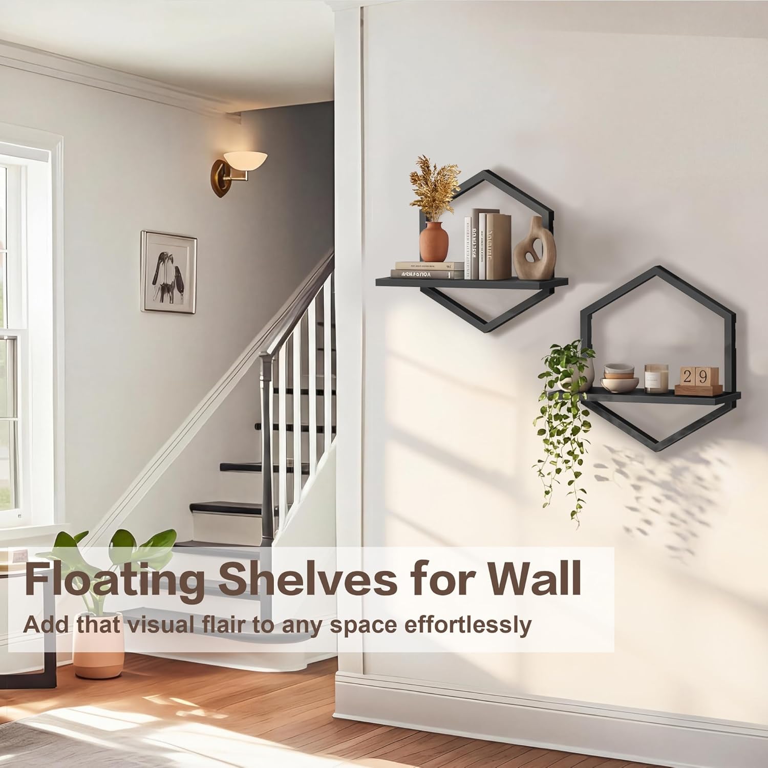 KALYLOC Floating Shelves for Wall, Hanging Shelves Wall Shelf for Plants, Decorative Wall Mounted Shelves for Living Room Bedroom Bathroom Home Office Kitchen, Black Wood Set of 2