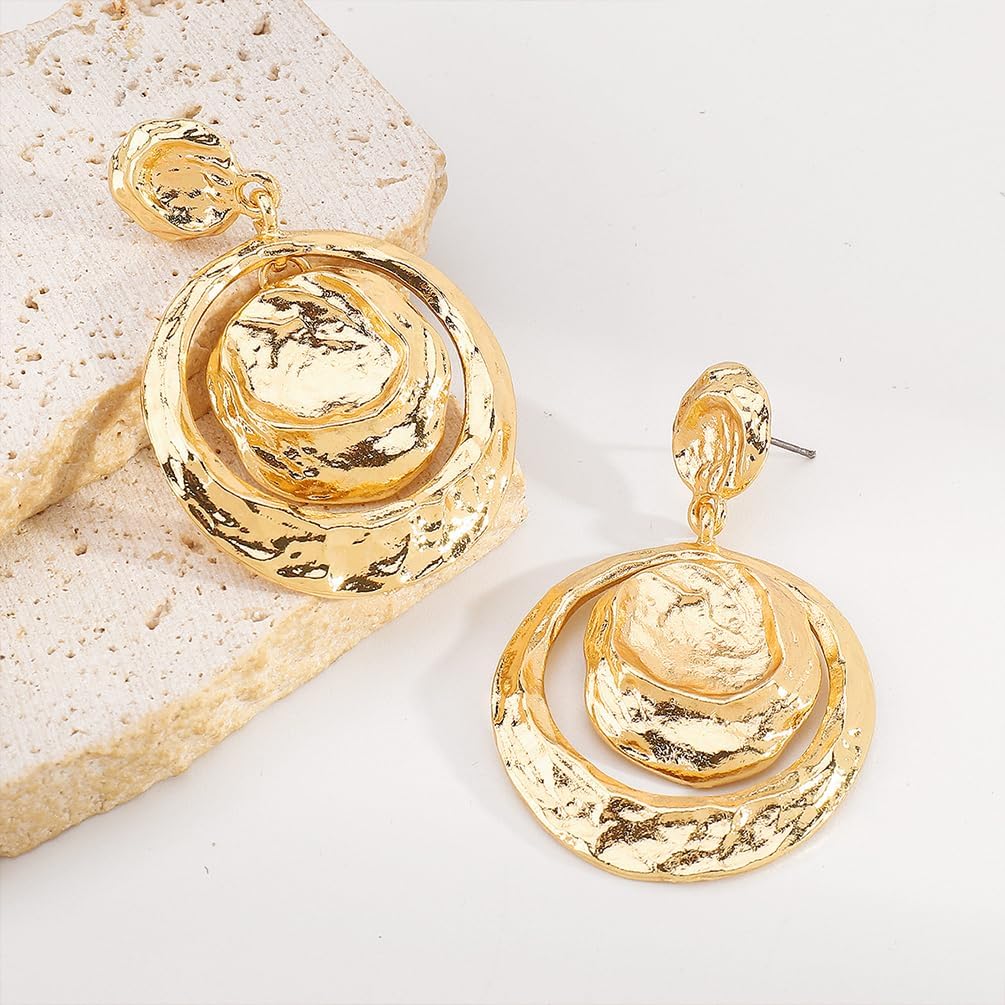Large Chunky Gold Hammered Round Circle Disc Earrings for Women Vintage Statement Big Silver Hollow Coin Dangle Drop Earring Trendy Party Jewelry Gift - Image 6