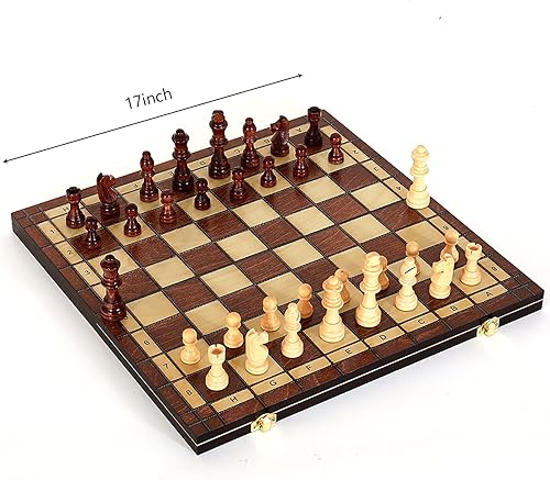 Miniatura 8 de Large Deluxe - Juego de ajedrez de madera de 17 pulgadas, perfecto para adultos y principiantes, hecho a mano, diseño plegable único
