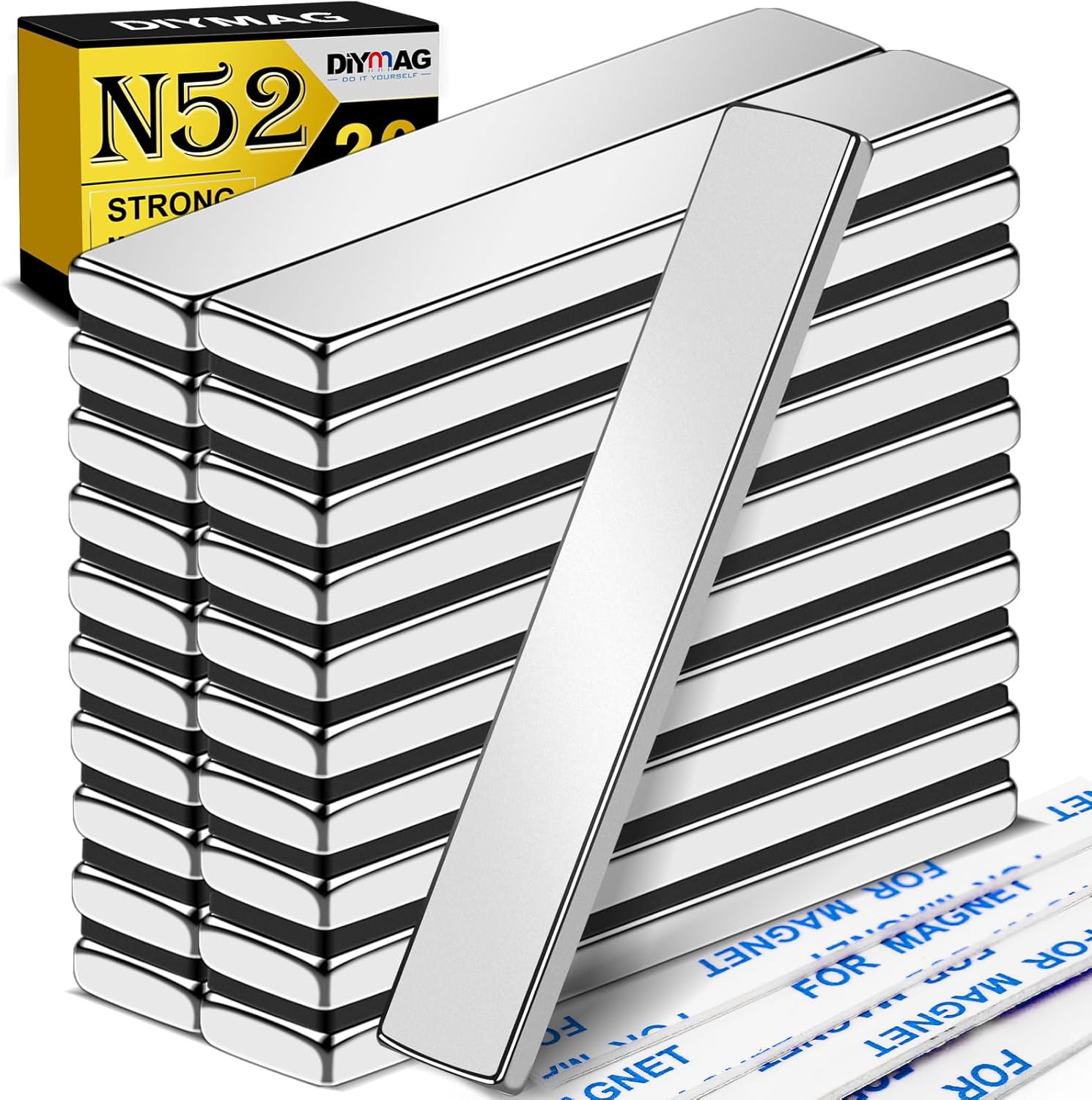 DIYMAG N52 Powerful Neodymium Bar Magnets, 20 Pack 60x10x3mm Heavy Duty Magnets with Double-Sided Adhesive, Rare Earth Magnet for Fridge, DIY, Garage, Kitchen, Science, Craft, Office (N52-20P Silver) Thumbnail