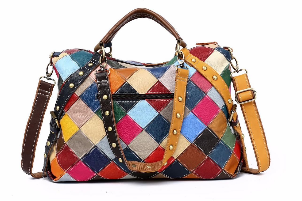 Damen Multicolor Einkaufstasche Rind Leder-Handtaschen Bunte Patchwork 2019 NEU TOP Bewertet Große Umhängetasche Hobo Taschen (Zufällig Mehrfarbig)