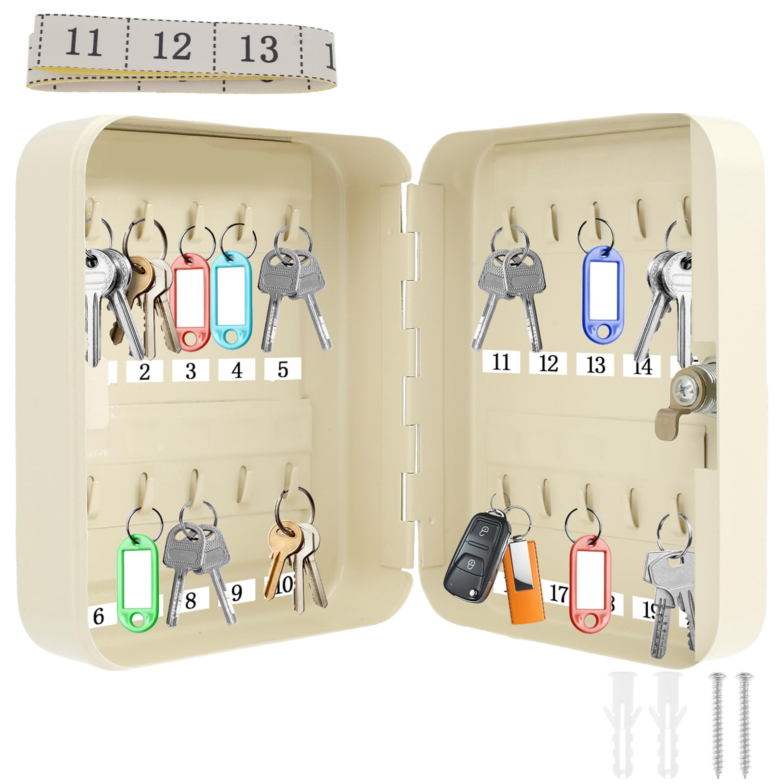 Sutowe Key Box 20 Key Capacity 20x16x7.5cm Wall Mount Key Cabinet with 20 Hooks Iron Key Hanger Storage Key Organizer Box for Home Office Entryway Hallway(white)