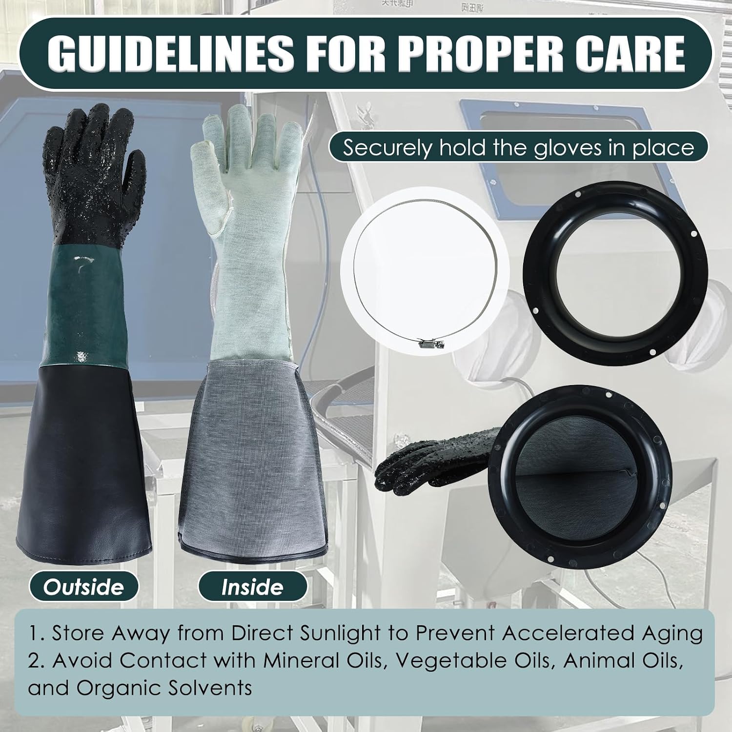 MAOPINER 23.6" Rubber Sandblasting Gloves | Heavy Duty Sandblaster Cabinet Gloves with Particle Palm for Abrasive Blasting with 4 Hole Holders Metal Clamps and Nozzle Gasket